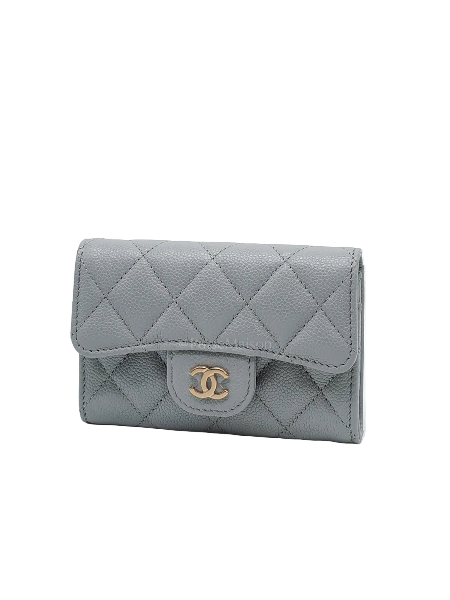 Classic Card Holder in Gray Caviar Leather Light Gold Hardware (Microchip)