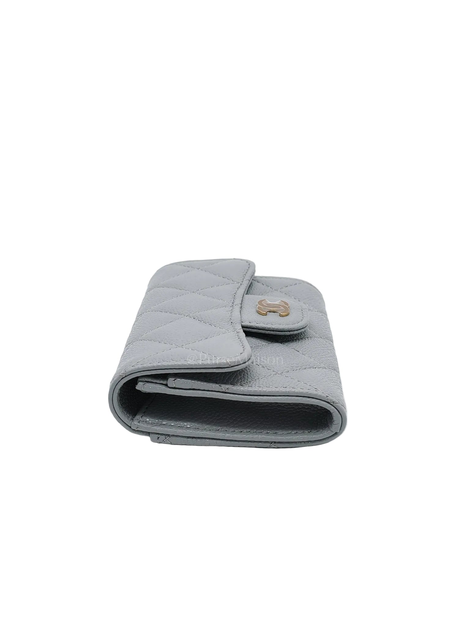 Classic Card Holder in Gray Caviar Leather Light Gold Hardware (Microchip)