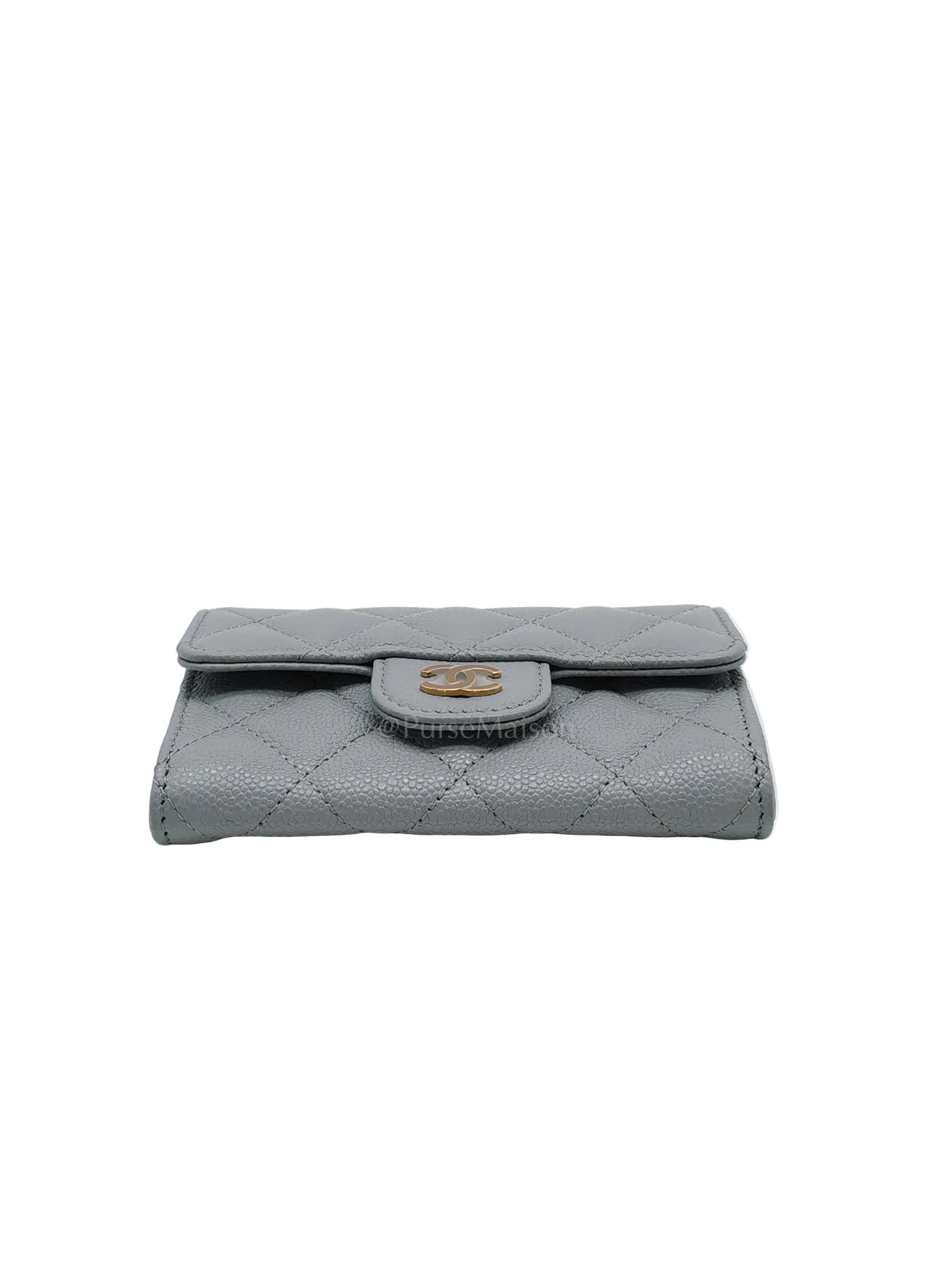 Classic Card Holder in Gray Caviar Leather Light Gold Hardware (Microchip)