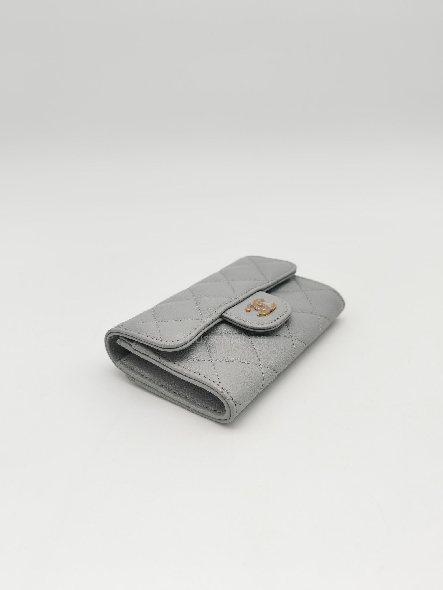 Classic Card Holder in Gray Caviar Leather Light Gold Hardware (Microchip)
