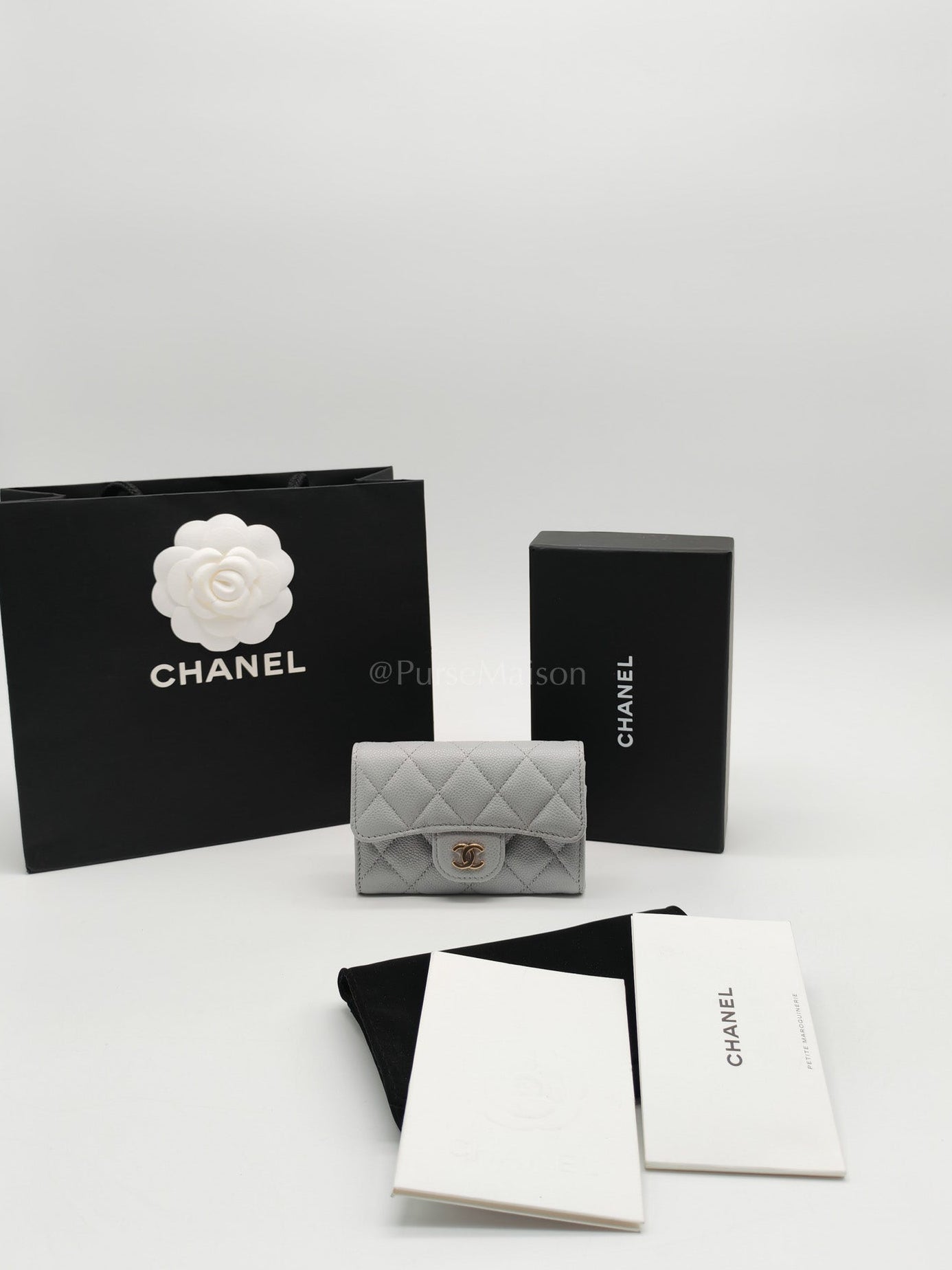 Classic Card Holder in Gray Caviar Leather Light Gold Hardware (Microchip)
