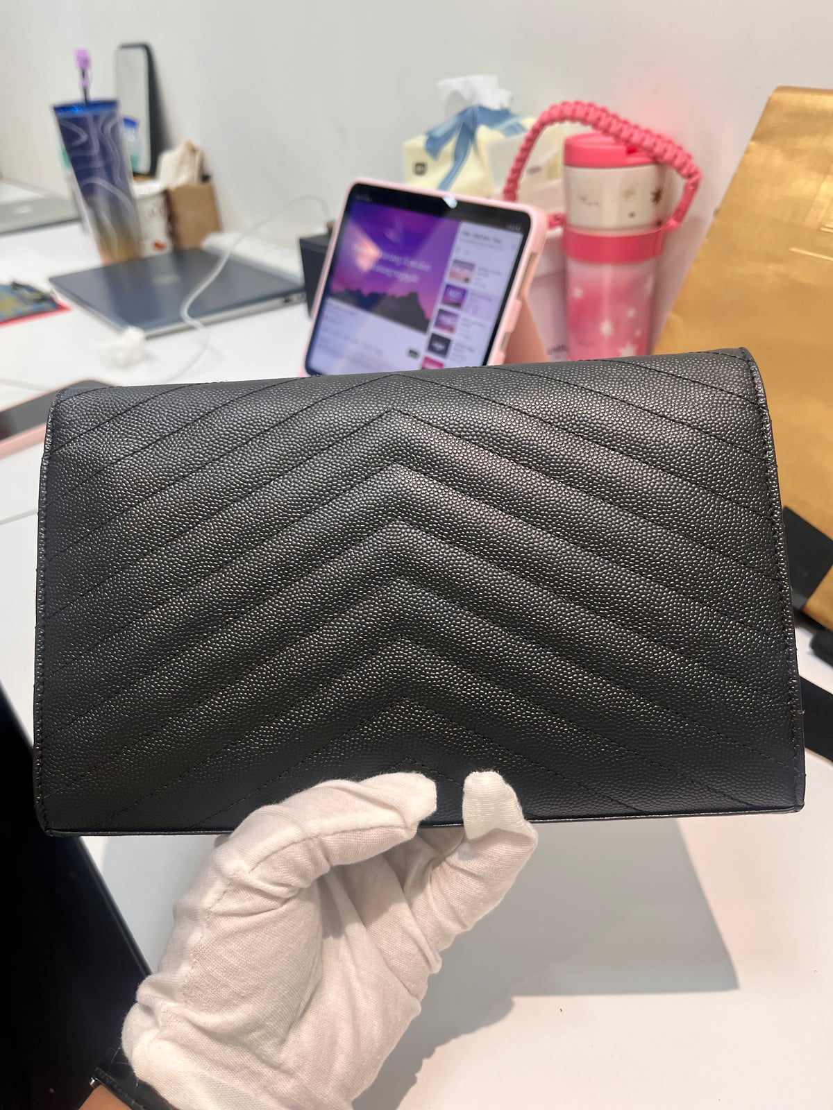 Yves Saint Laurent Cassandre Wallet on Chain in Black Chevron Quilted Grain De Poudre Calfskin Leather & Gold Hardware