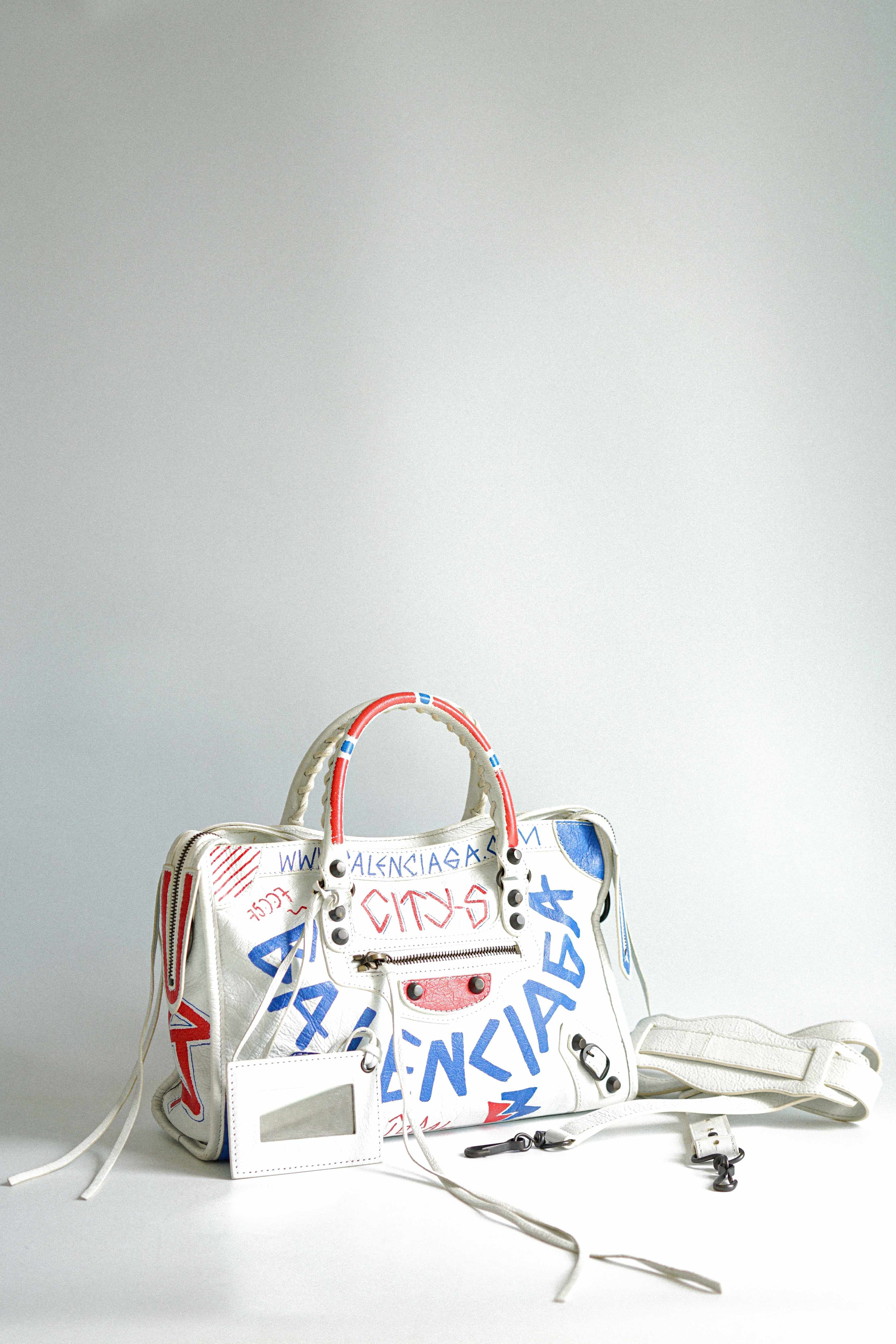 Balenciaga City Address Graffiti Classic in White Leather Small Bag