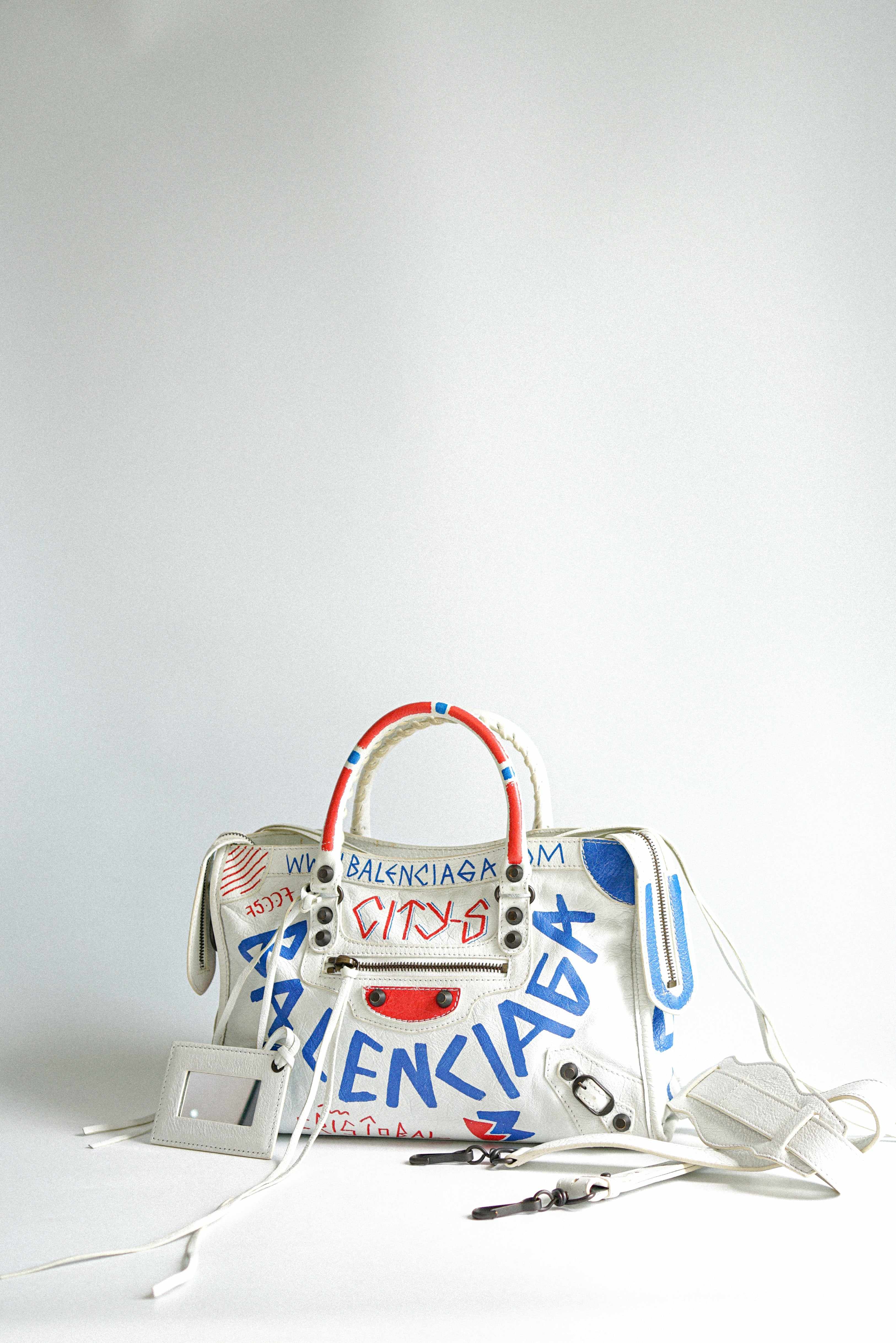 Balenciaga City Address Graffiti Classic in White Leather Small Bag