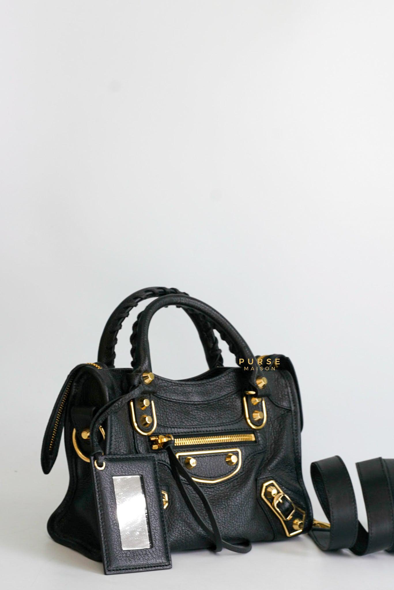 Balenciaga Mini Metallic Edge City Bag in Black Goatskin and Gold Hardware