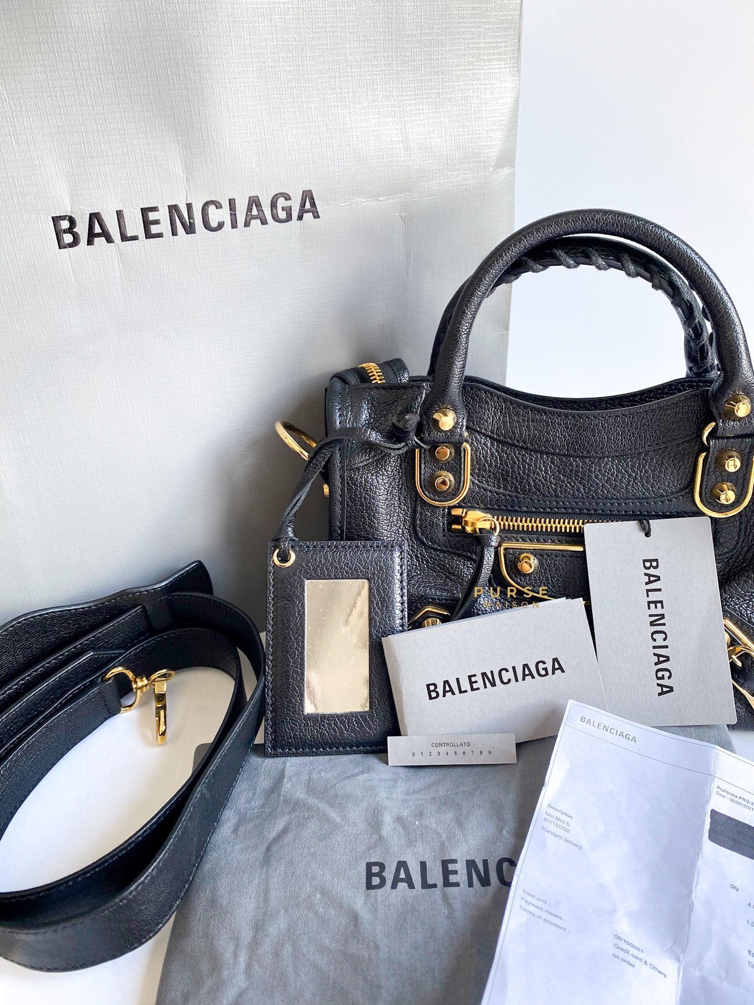 Balenciaga Mini Metallic Edge City Bag in Black Goatskin and Gold Hardware