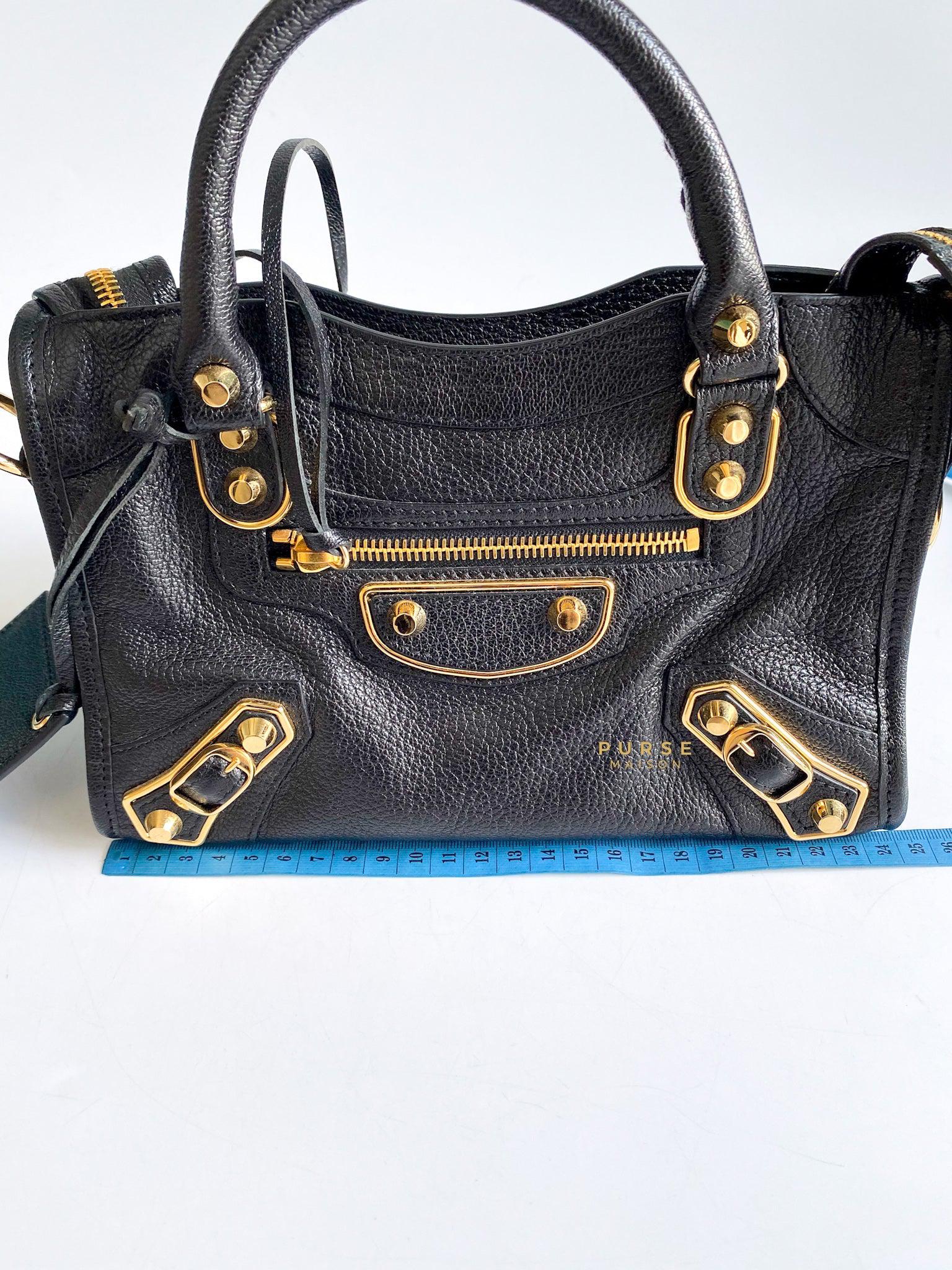 Balenciaga Mini Metallic Edge City Bag in Black Goatskin and Gold Hardware