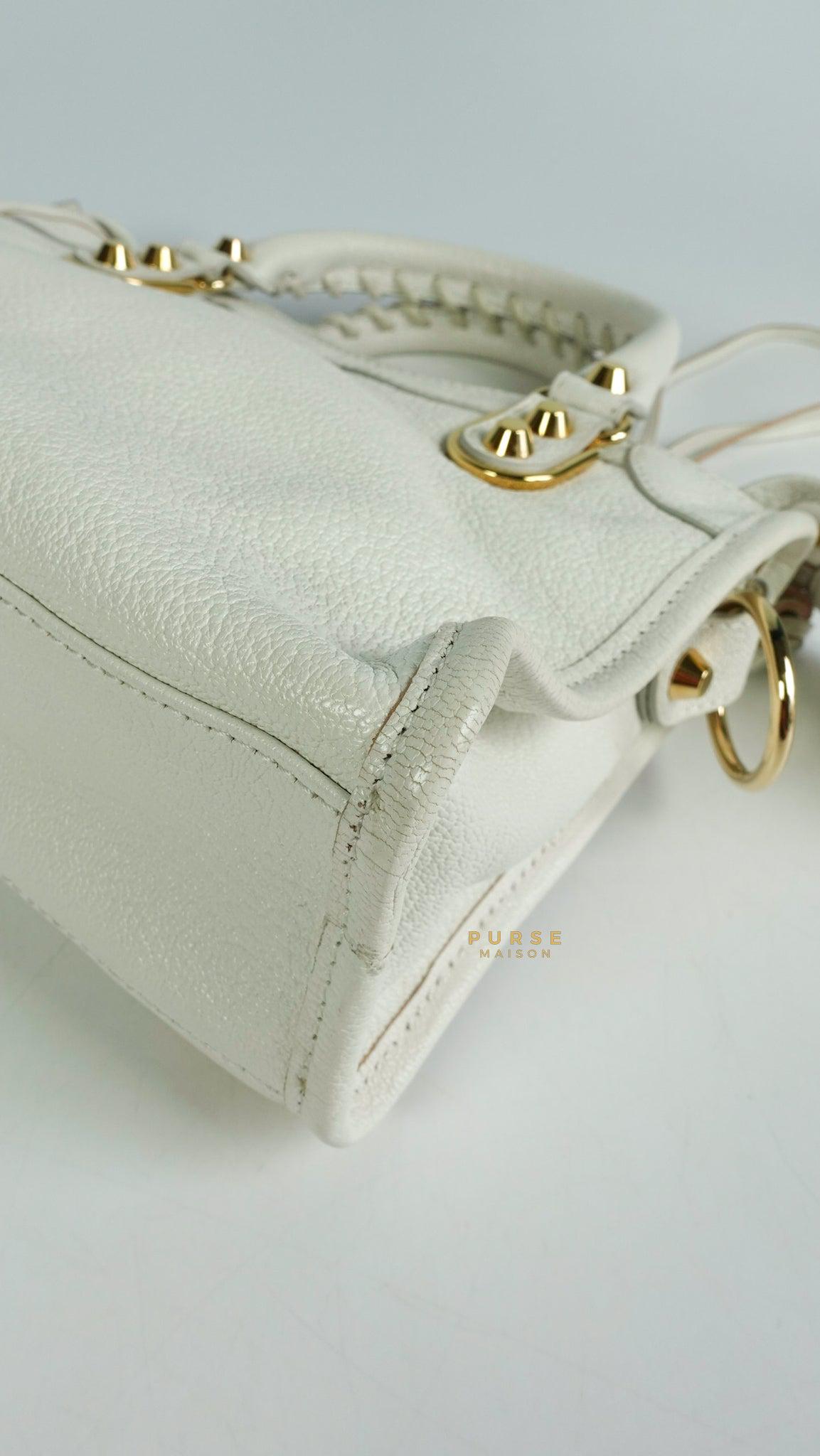 Balenciaga Mini Metallic Edge City Bag in White Goatskin and Gold Hardware