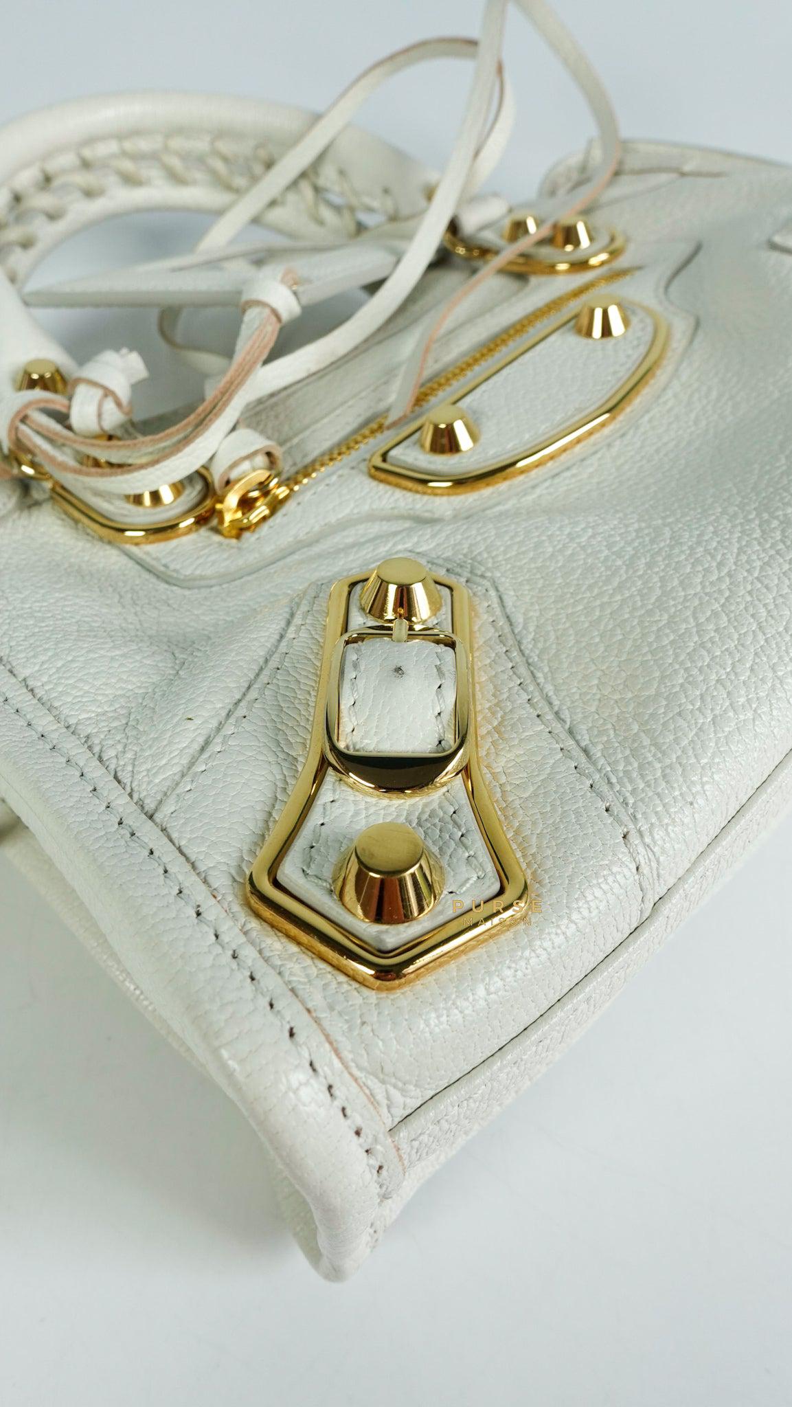 Balenciaga Mini Metallic Edge City Bag in White Goatskin and Gold Hardware