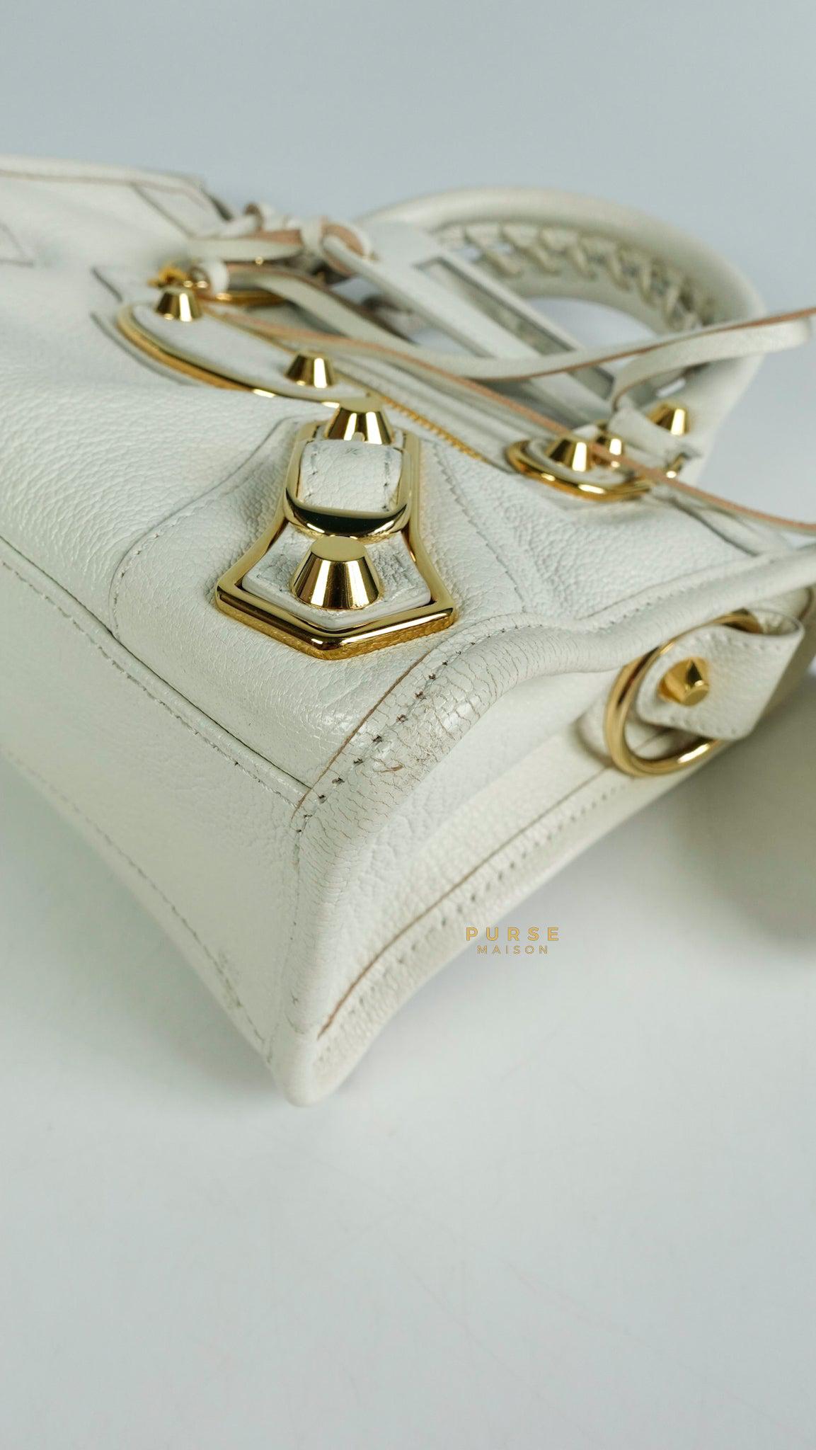 Balenciaga Mini Metallic Edge City Bag in White Goatskin and Gold Hardware