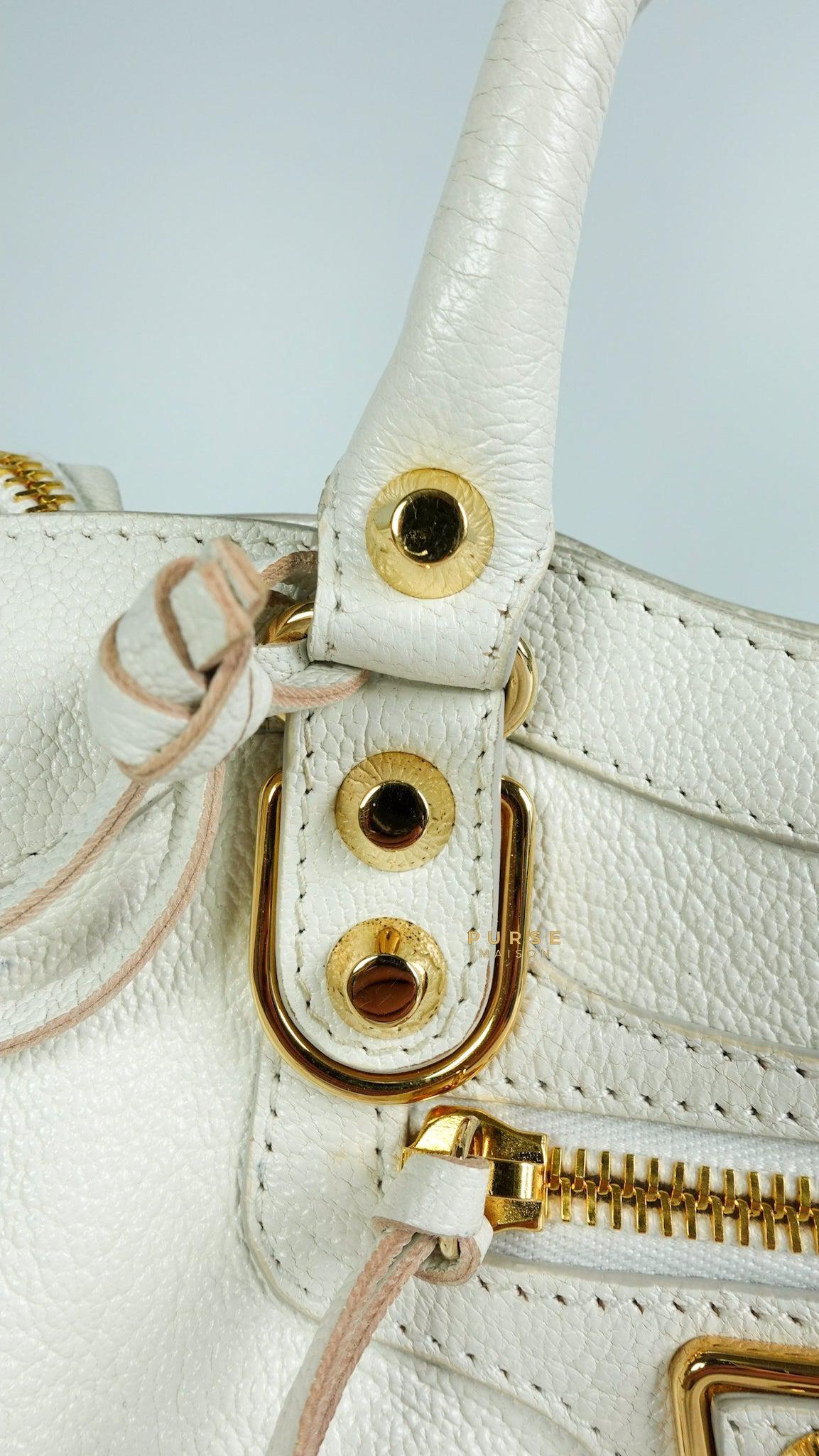 Balenciaga Mini Metallic Edge City Bag in White Goatskin and Gold Hardware