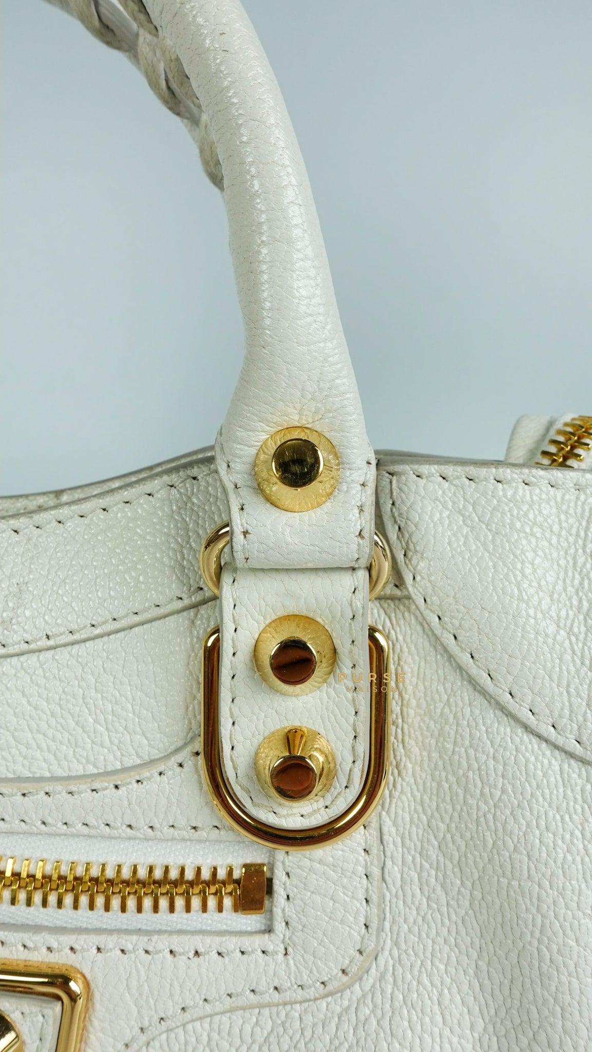 Balenciaga Mini Metallic Edge City Bag in White Goatskin and Gold Hardware