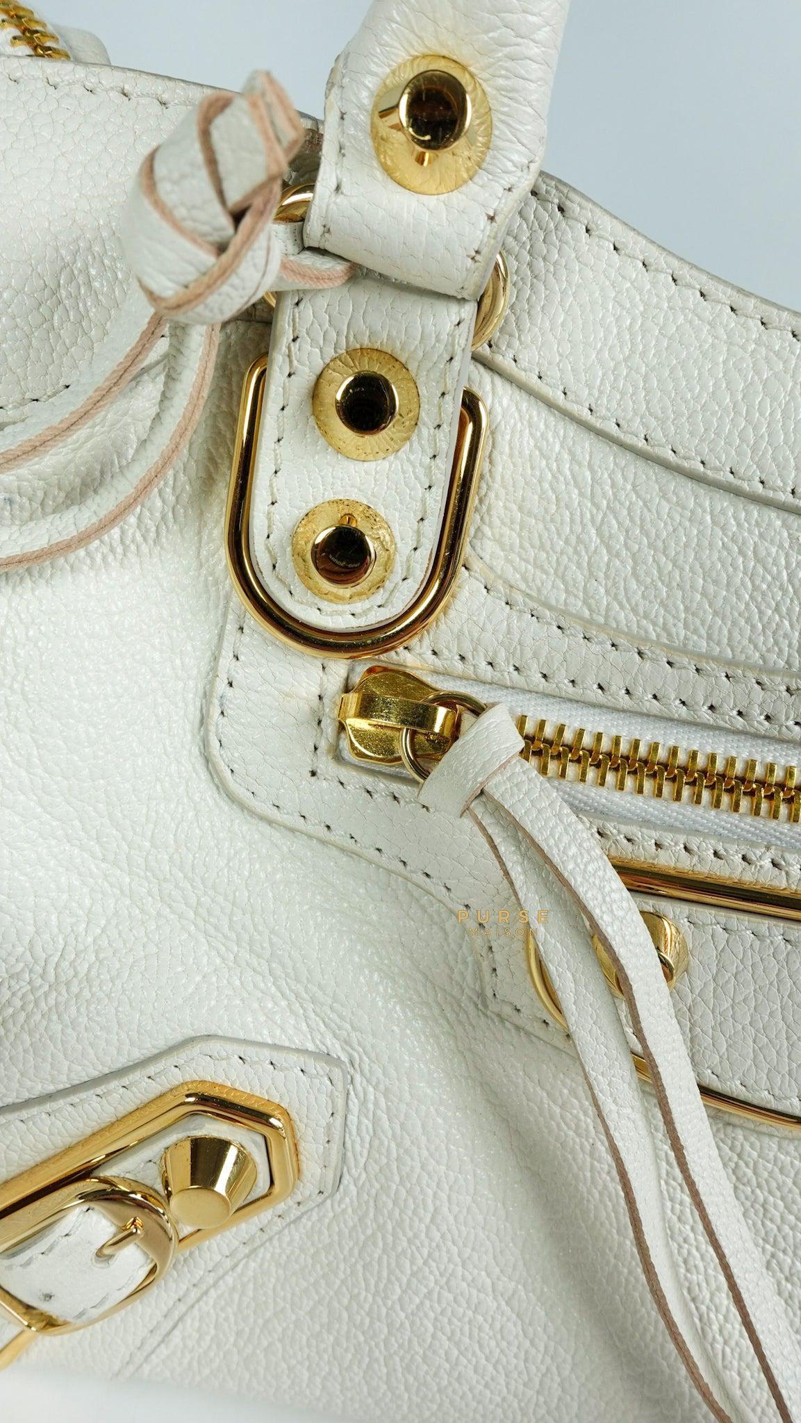 Balenciaga Mini Metallic Edge City Bag in White Goatskin and Gold Hardware