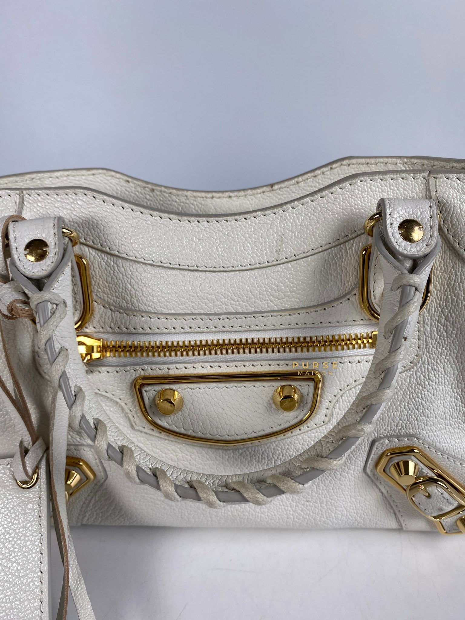 Balenciaga Mini Metallic Edge City Bag in White Goatskin and Gold Hardware