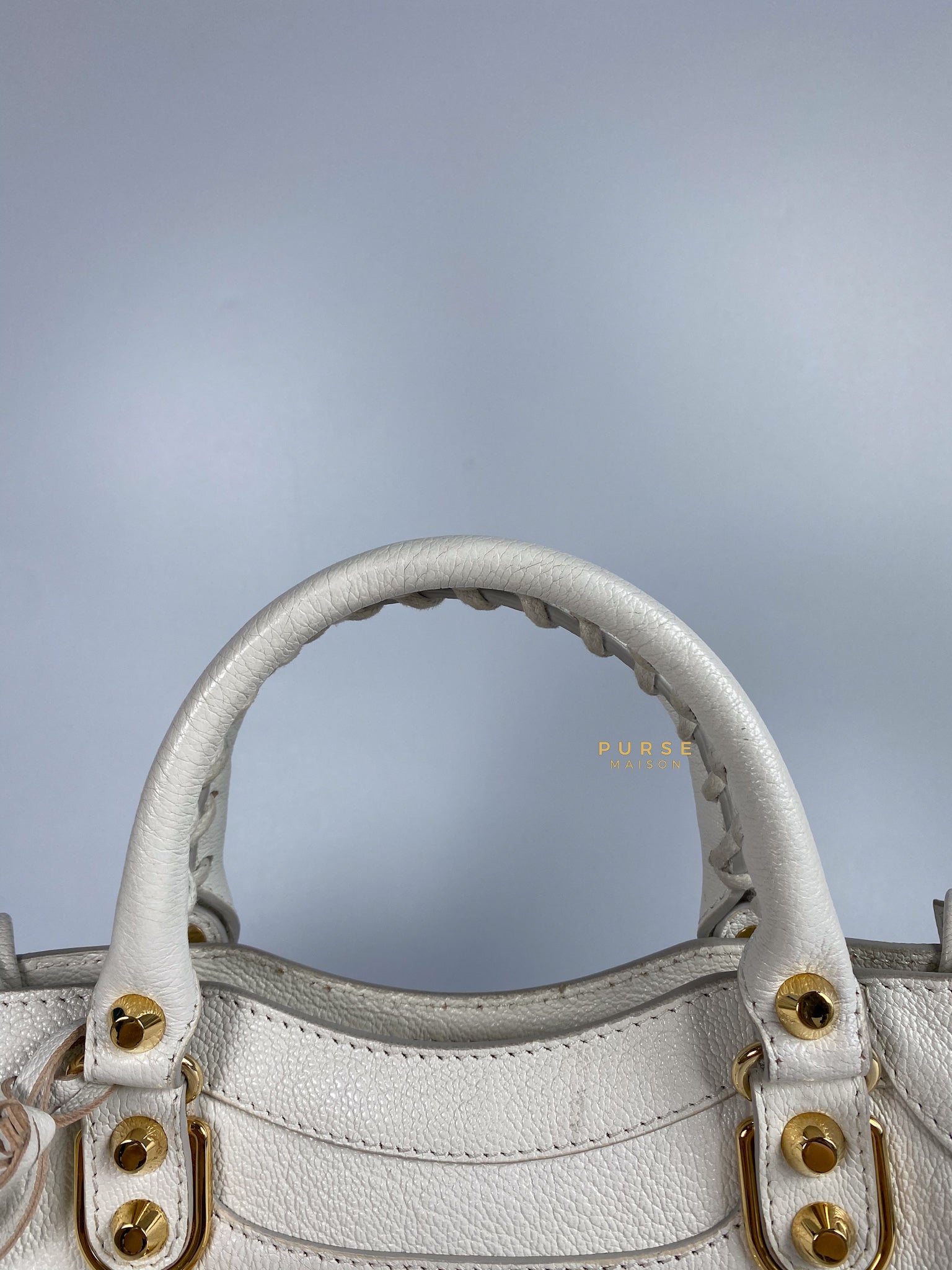 Balenciaga Mini Metallic Edge City Bag in White Goatskin and Gold Hardware