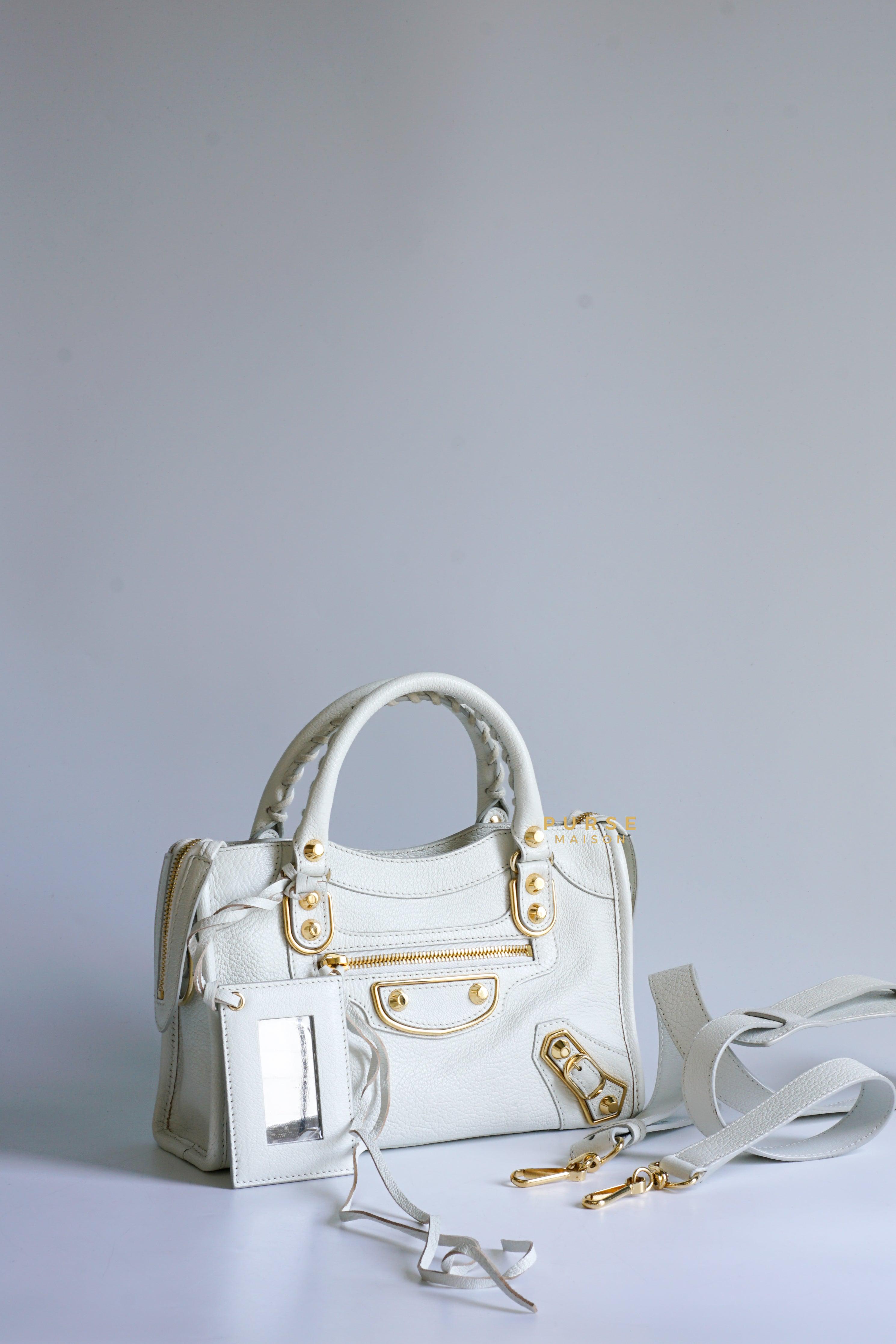 Balenciaga Mini Metallic Edge City Bag in White Goatskin and Gold Hardware