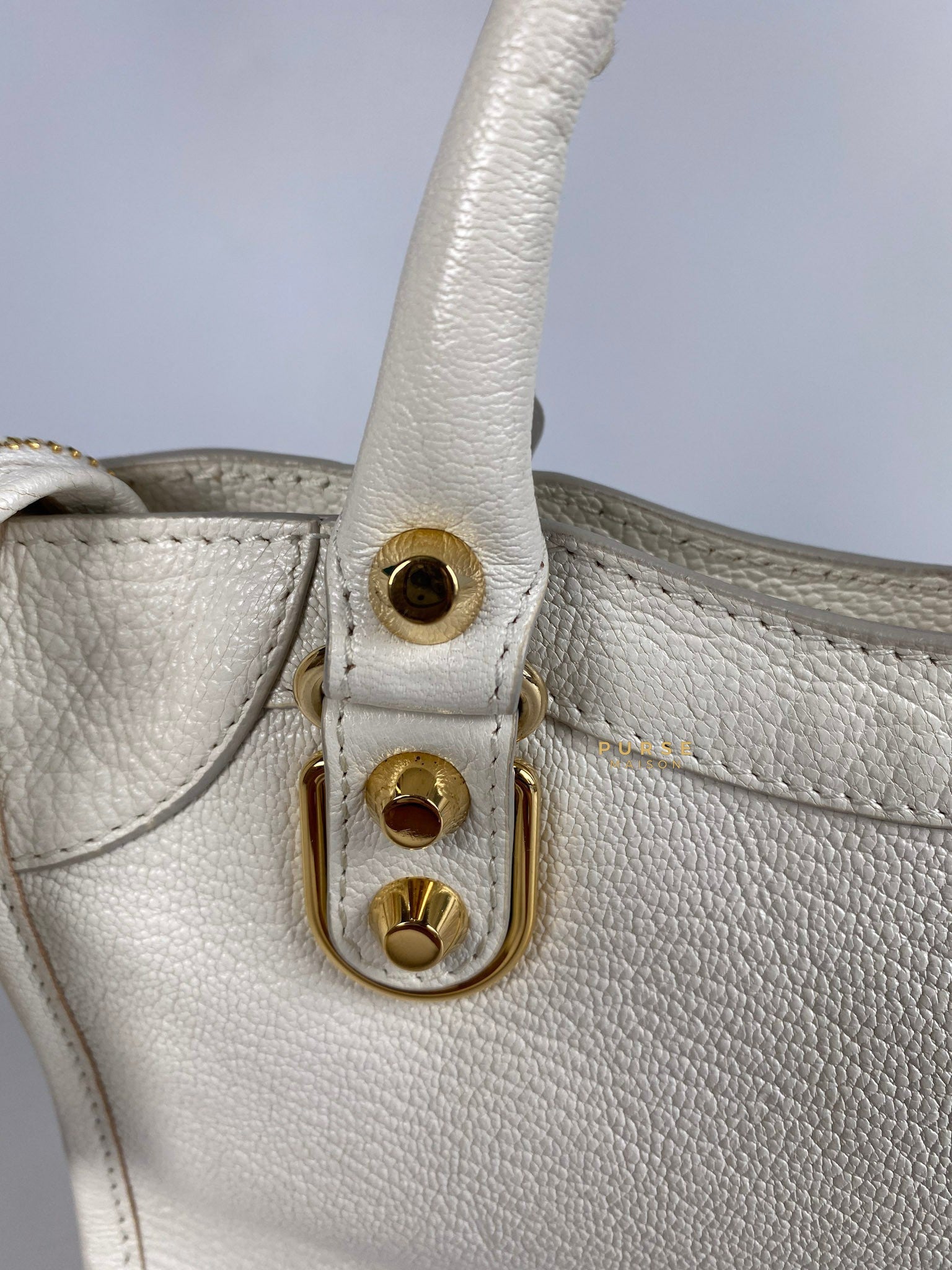 Balenciaga Mini Metallic Edge City Bag in White Goatskin and Gold Hardware