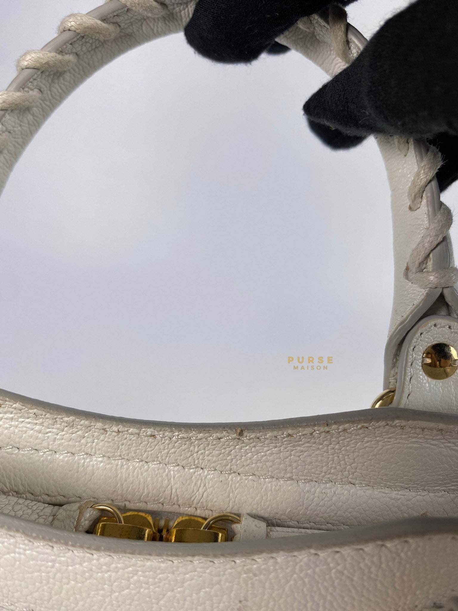 Balenciaga Mini Metallic Edge City Bag in White Goatskin and Gold Hardware