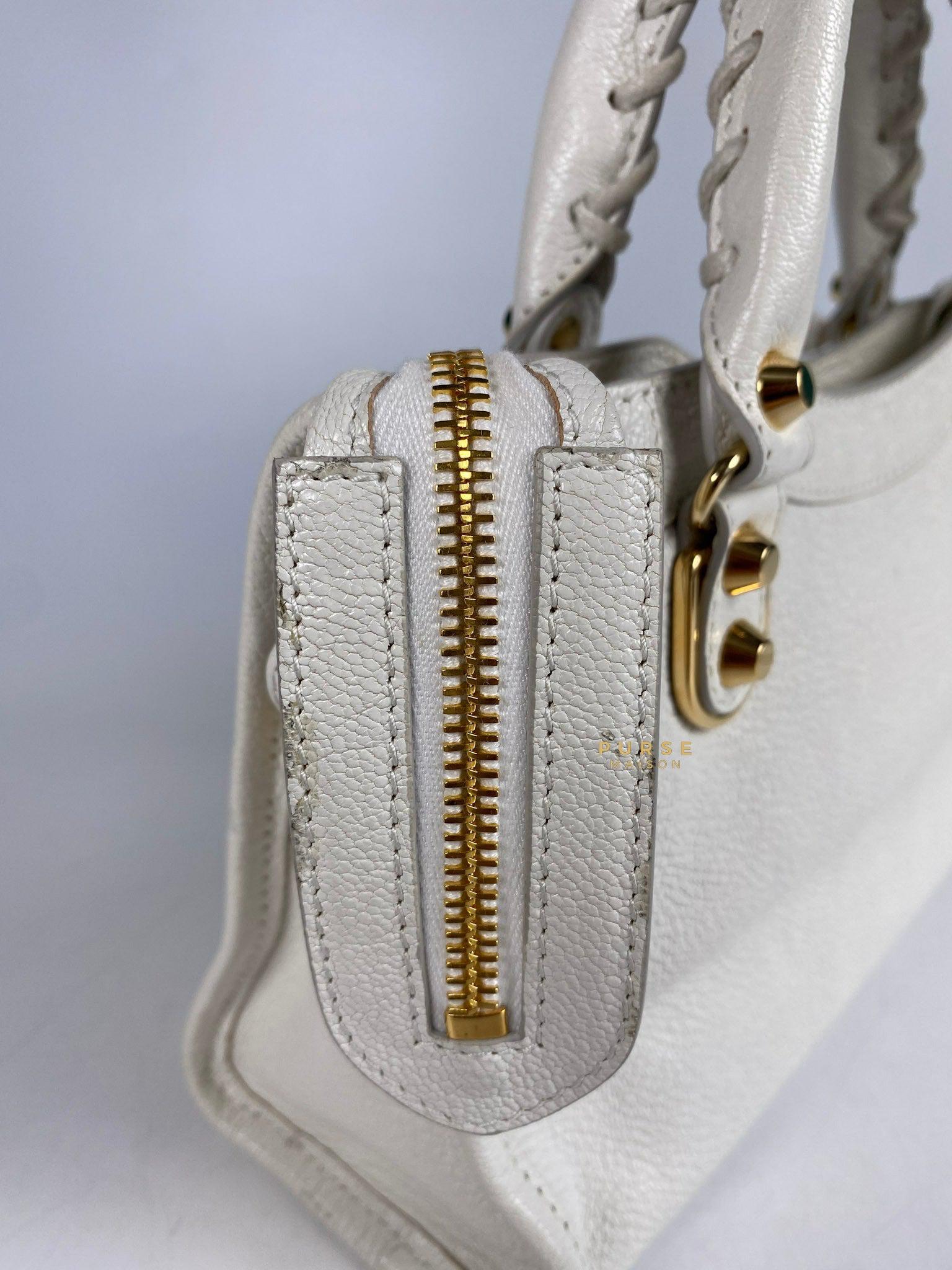 Balenciaga Mini Metallic Edge City Bag in White Goatskin and Gold Hardware