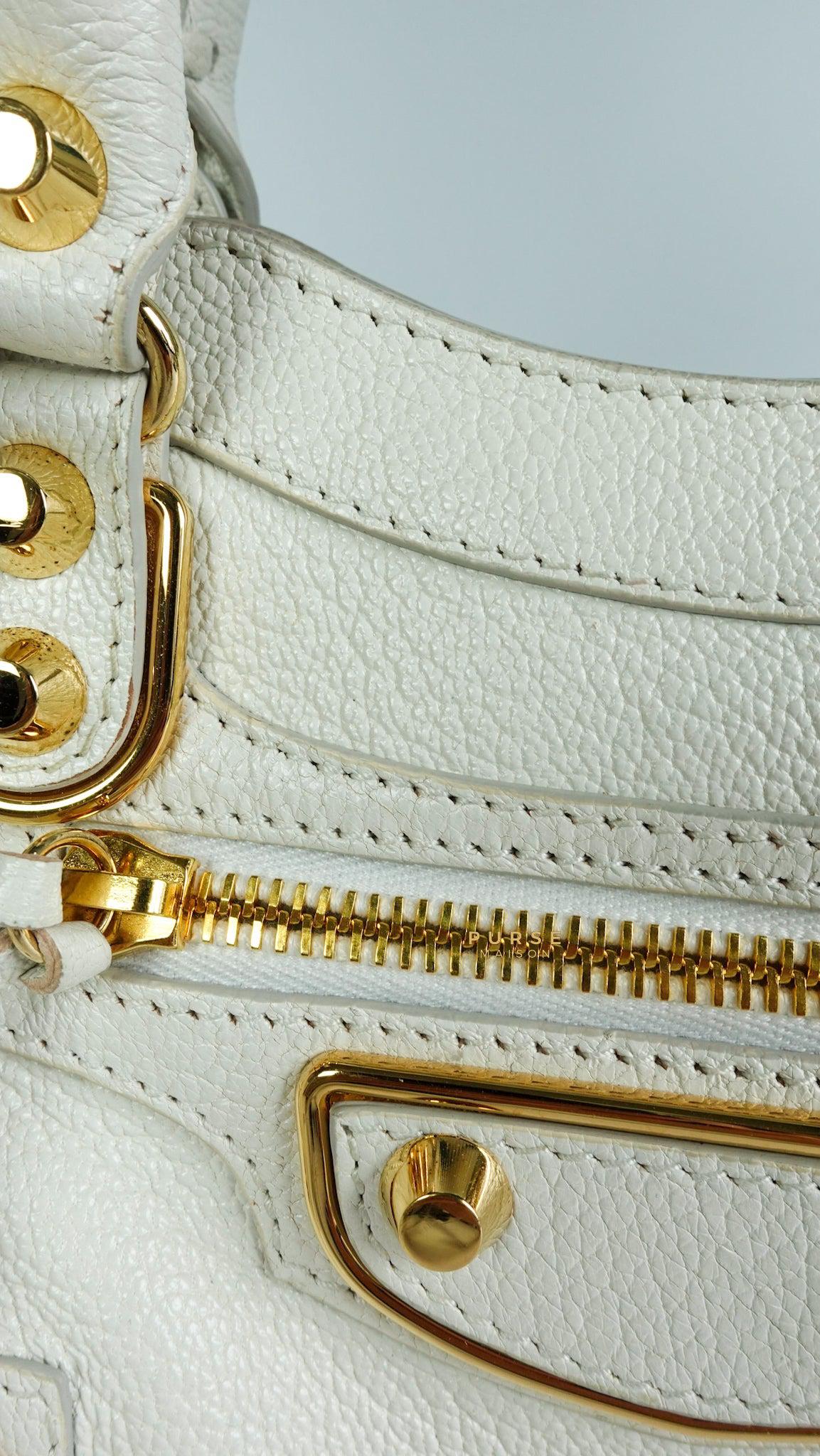 Balenciaga Mini Metallic Edge City Bag in White Goatskin and Gold Hardware