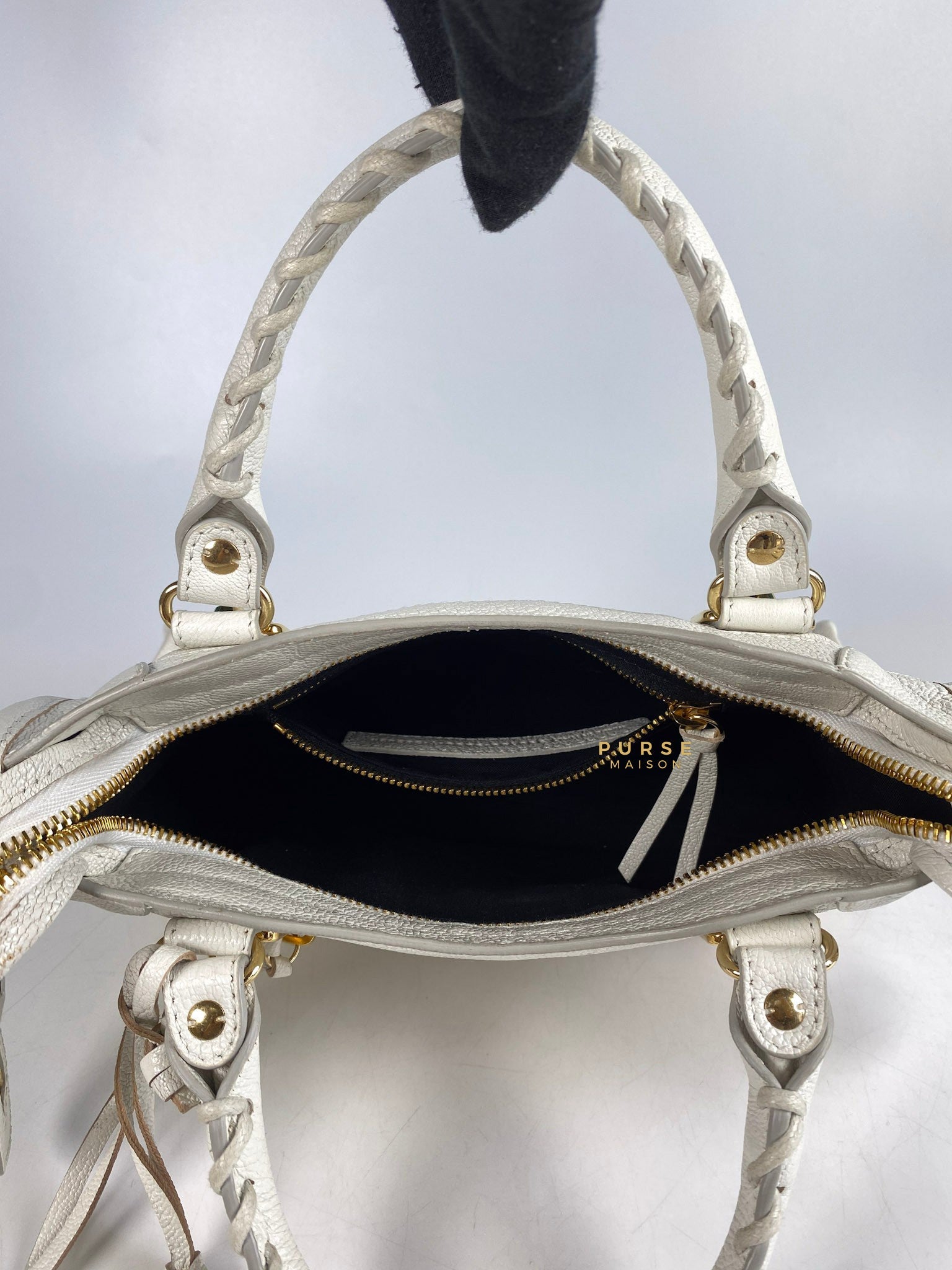 Balenciaga Mini Metallic Edge City Bag in White Goatskin and Gold Hardware