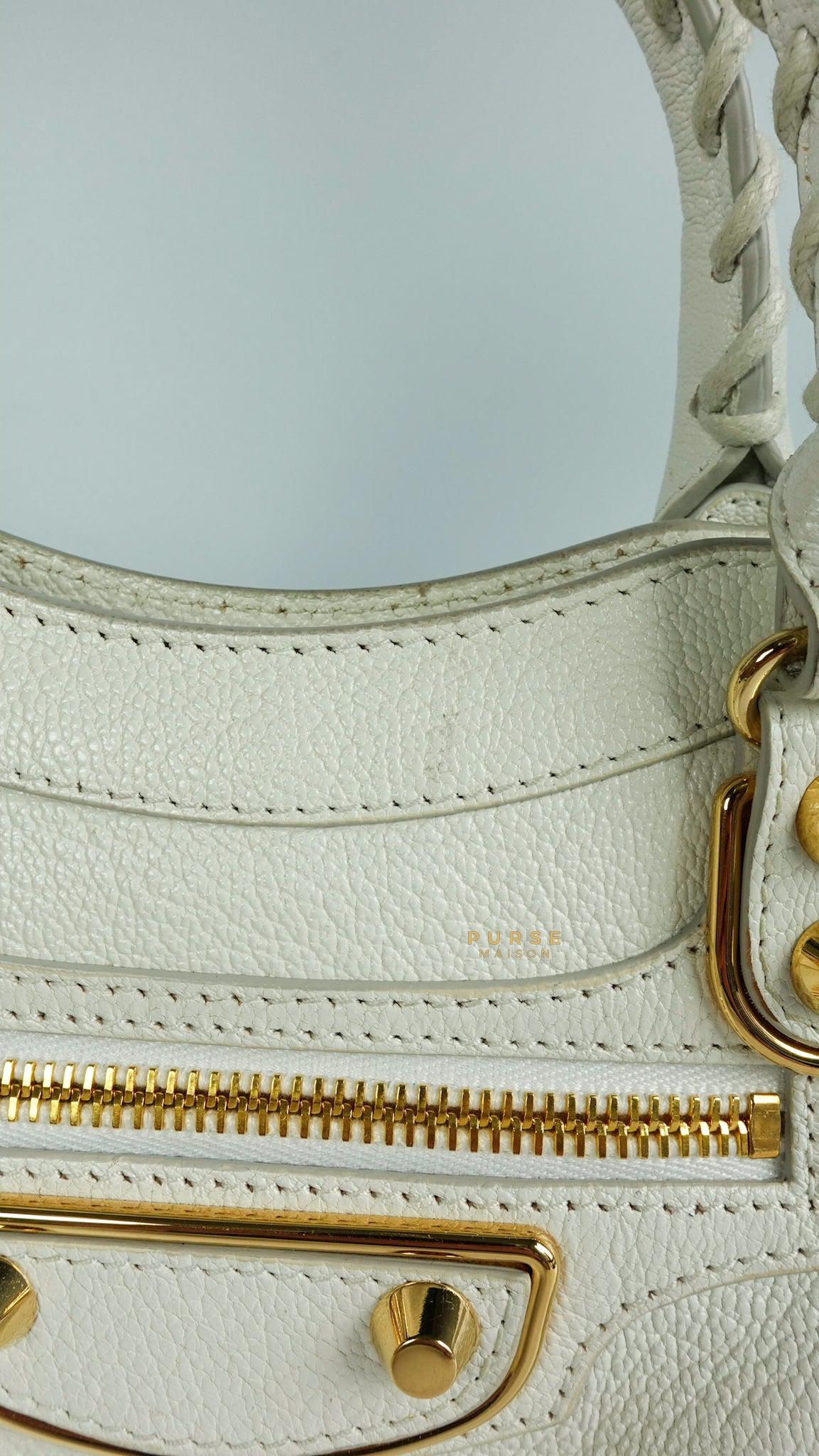 Balenciaga Mini Metallic Edge City Bag in White Goatskin and Gold Hardware