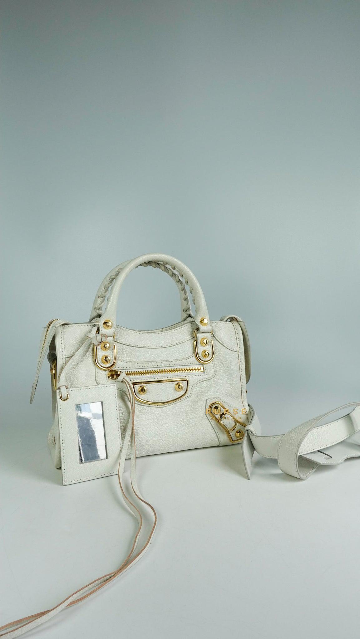 Balenciaga Mini Metallic Edge City Bag in White Goatskin and Gold Hardware