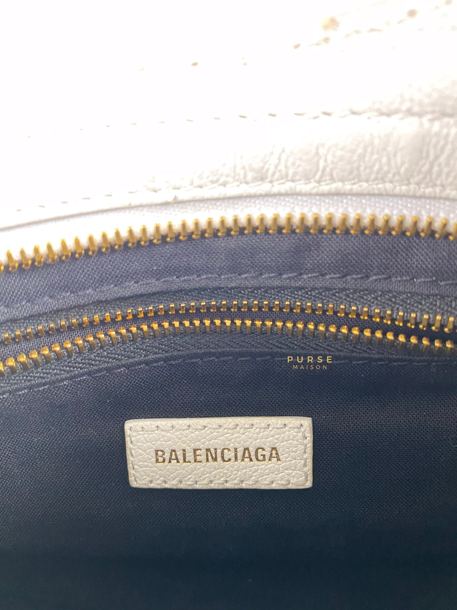 Balenciaga Mini Metallic Edge City Bag in White Goatskin and Gold Hardware