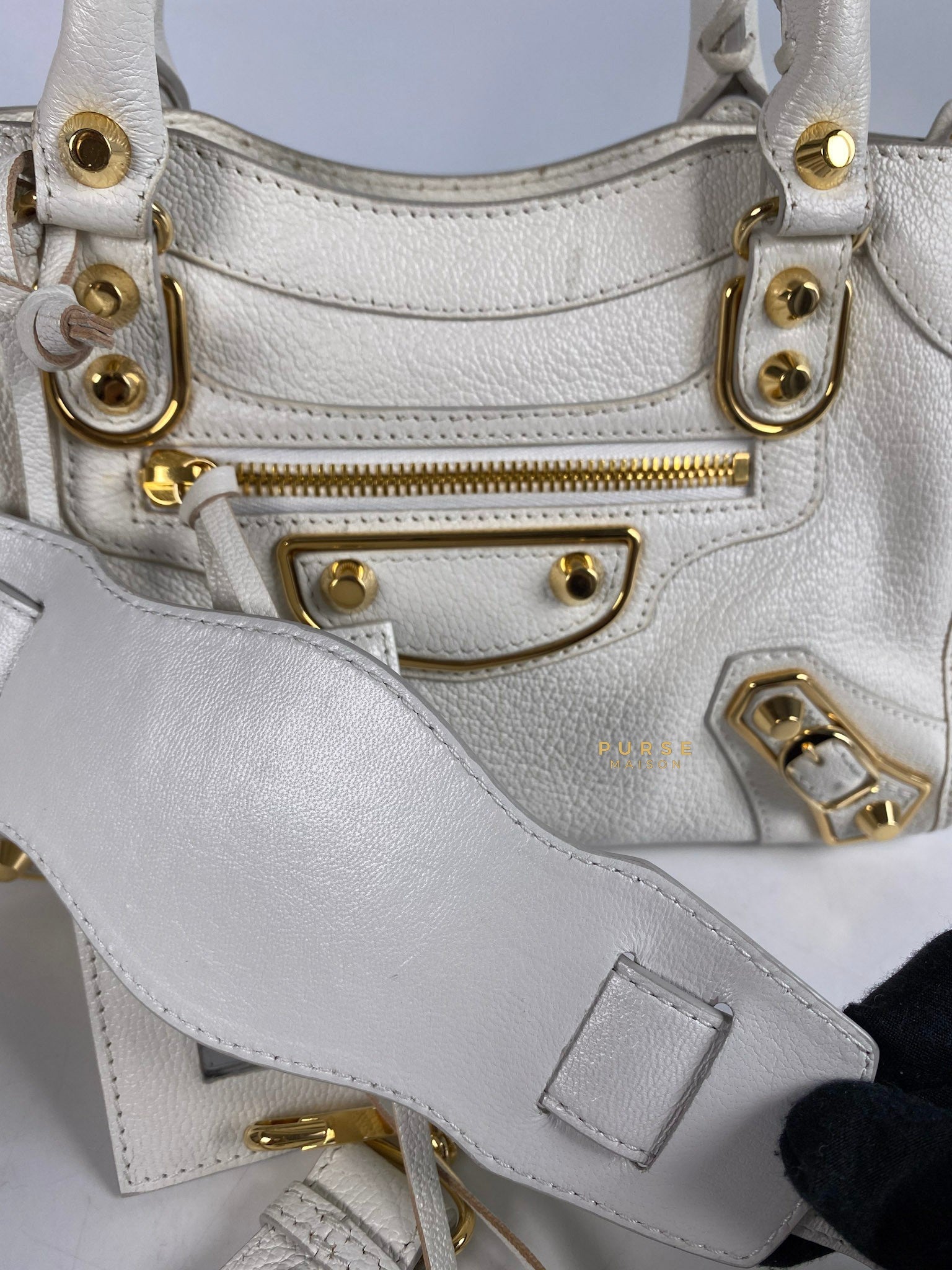 Balenciaga Mini Metallic Edge City Bag in White Goatskin and Gold Hardware