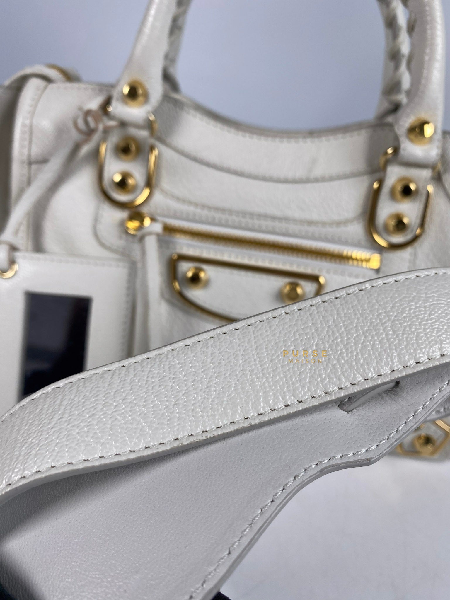 Balenciaga Mini Metallic Edge City Bag in White Goatskin and Gold Hardware