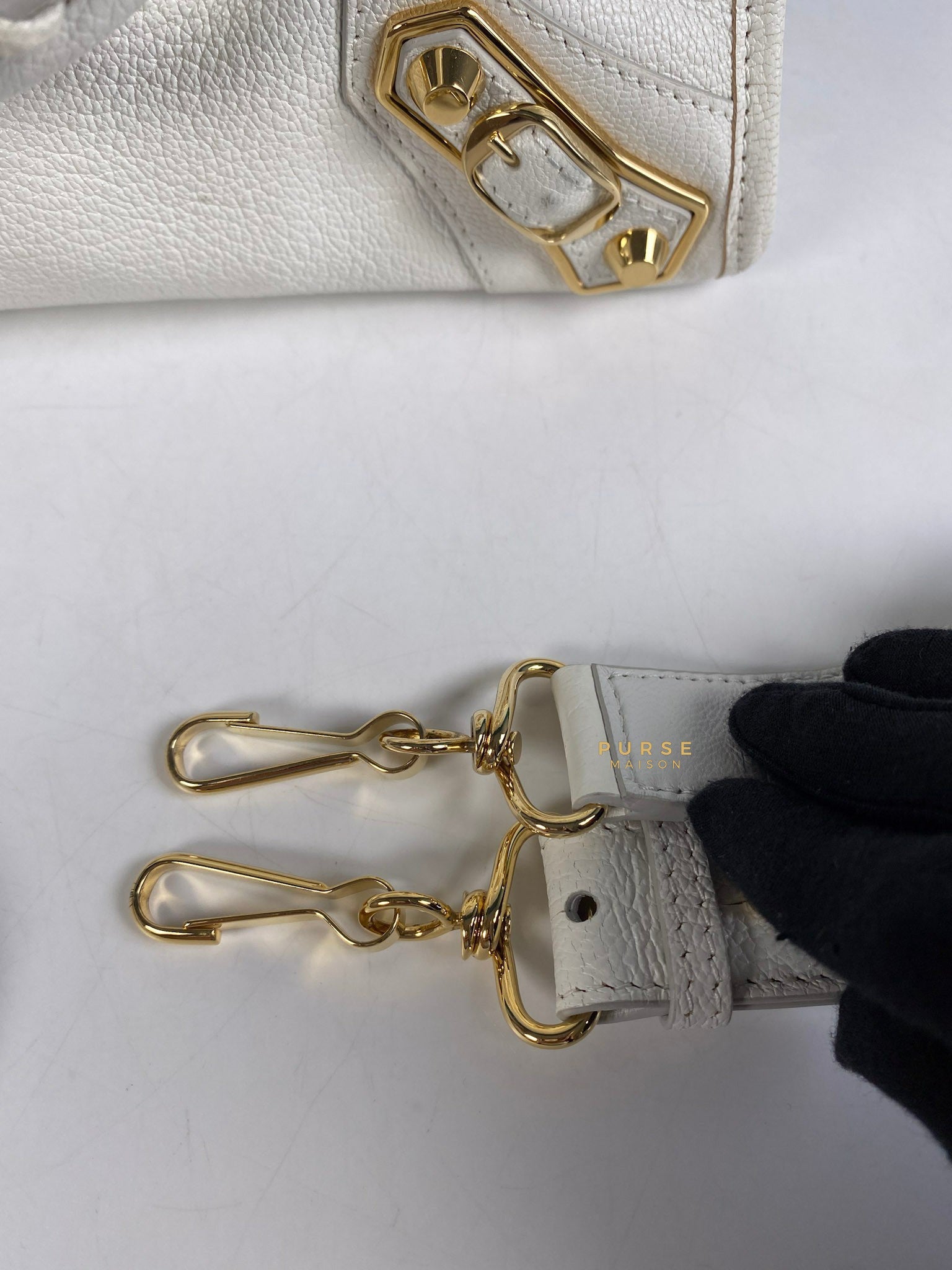 Balenciaga Mini Metallic Edge City Bag in White Goatskin and Gold Hardware