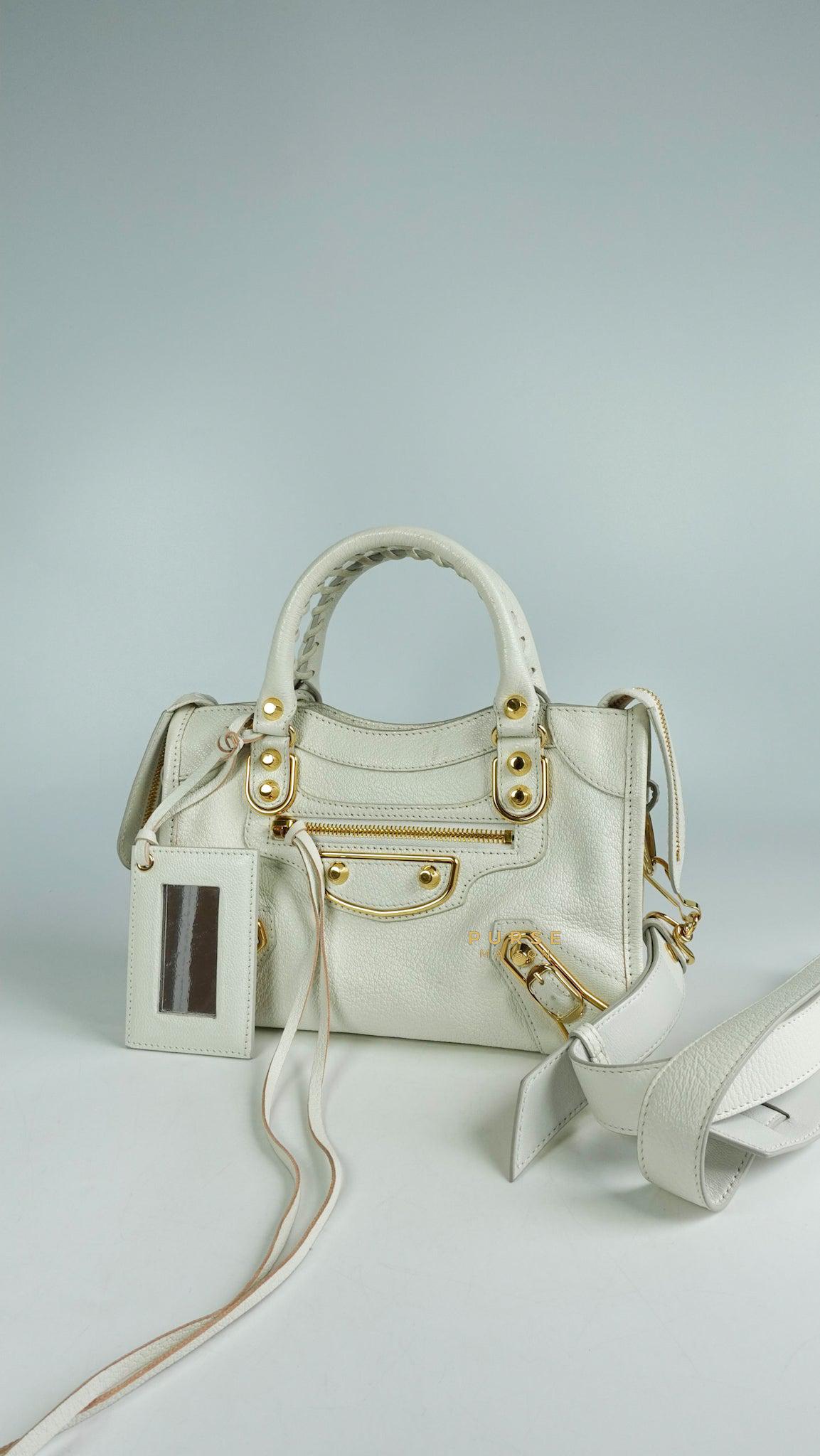 Balenciaga Mini Metallic Edge City Bag in White Goatskin and Gold Hardware