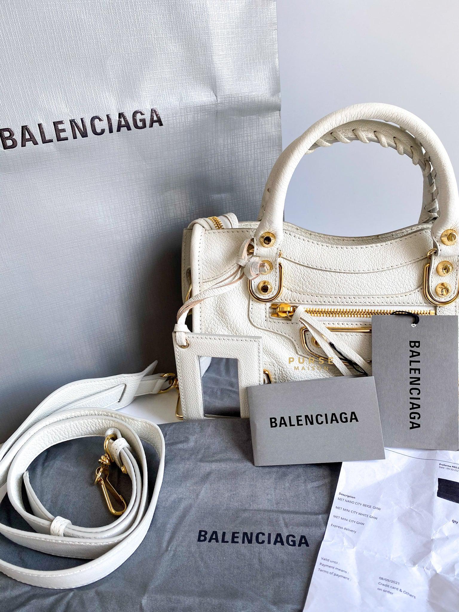 Balenciaga Mini Metallic Edge City Bag in White Goatskin and Gold Hardware