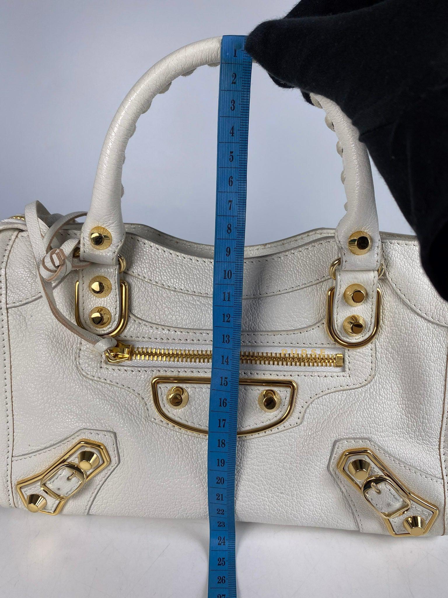 Balenciaga Mini Metallic Edge City Bag in White Goatskin and Gold Hardware