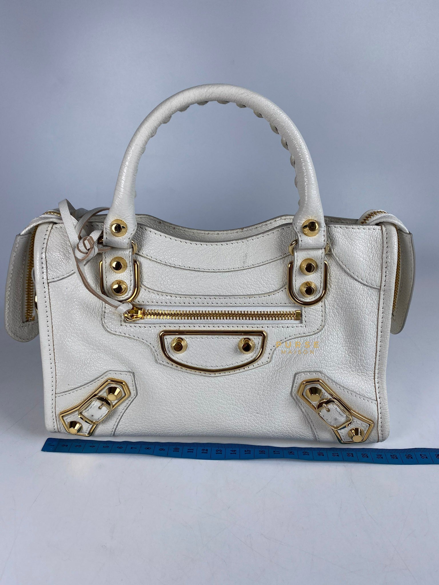 Balenciaga Mini Metallic Edge City Bag in White Goatskin and Gold Hardware