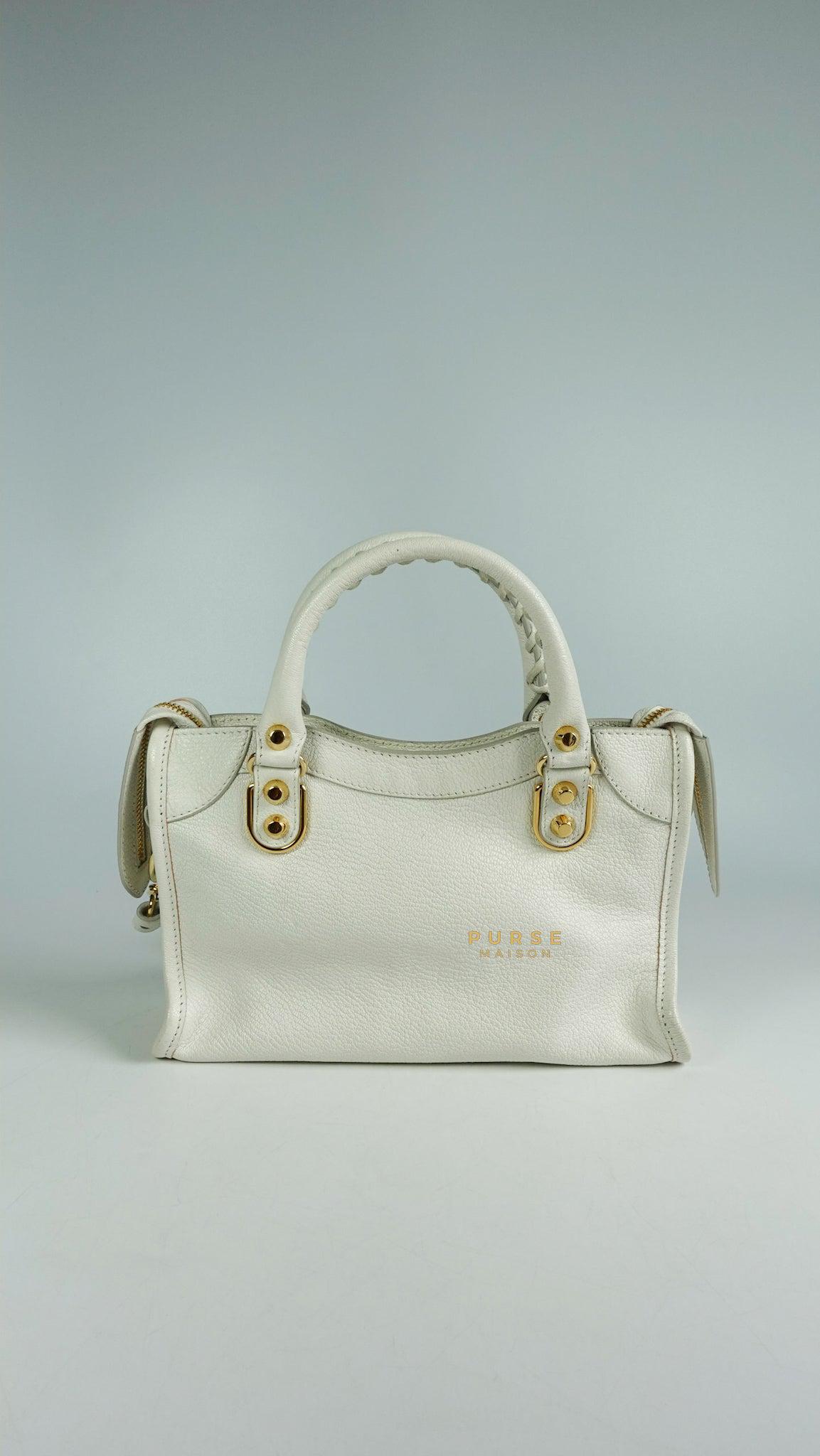 Balenciaga Mini Metallic Edge City Bag in White Goatskin and Gold Hardware