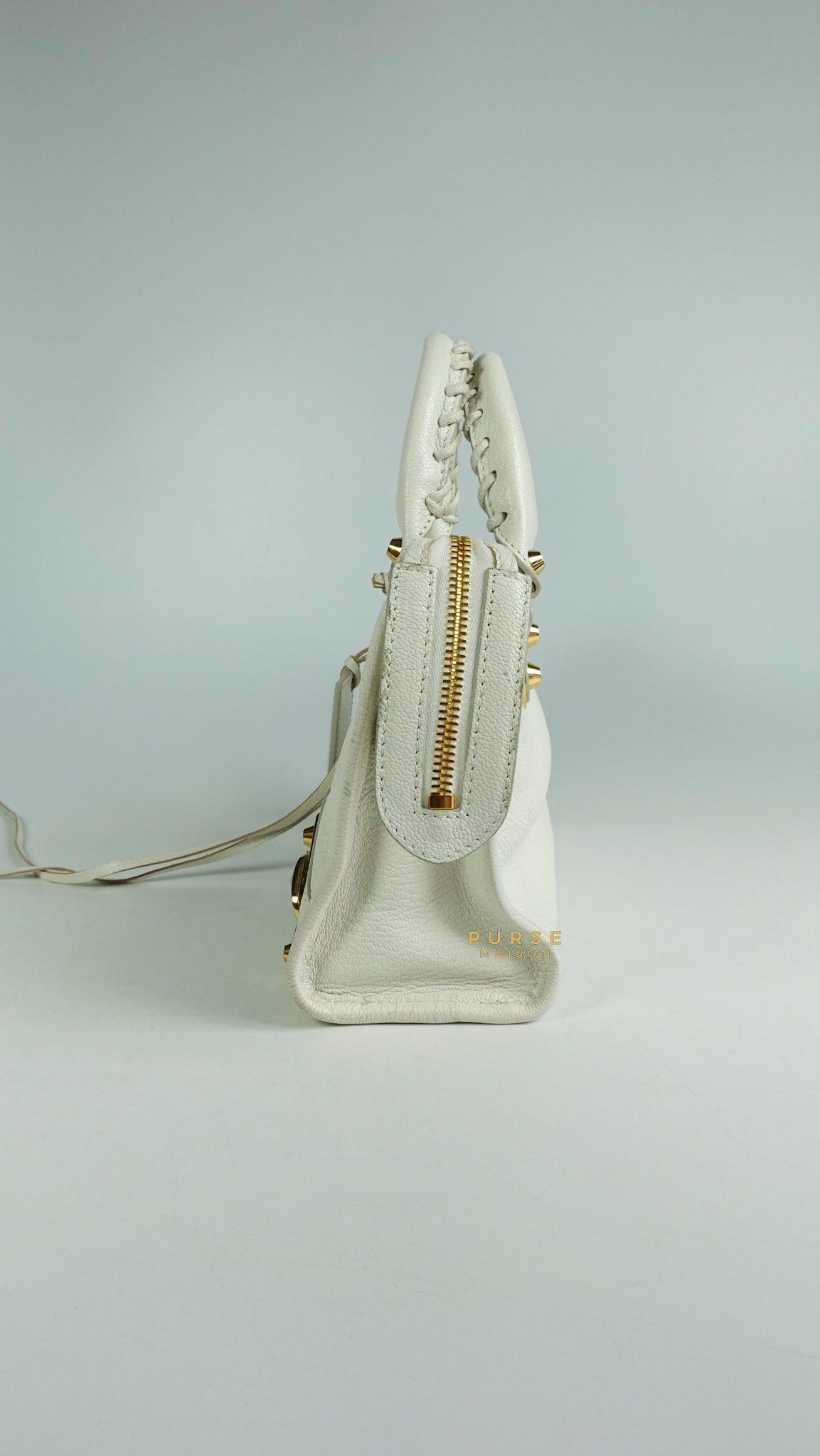 Balenciaga Mini Metallic Edge City Bag in White Goatskin and Gold Hardware