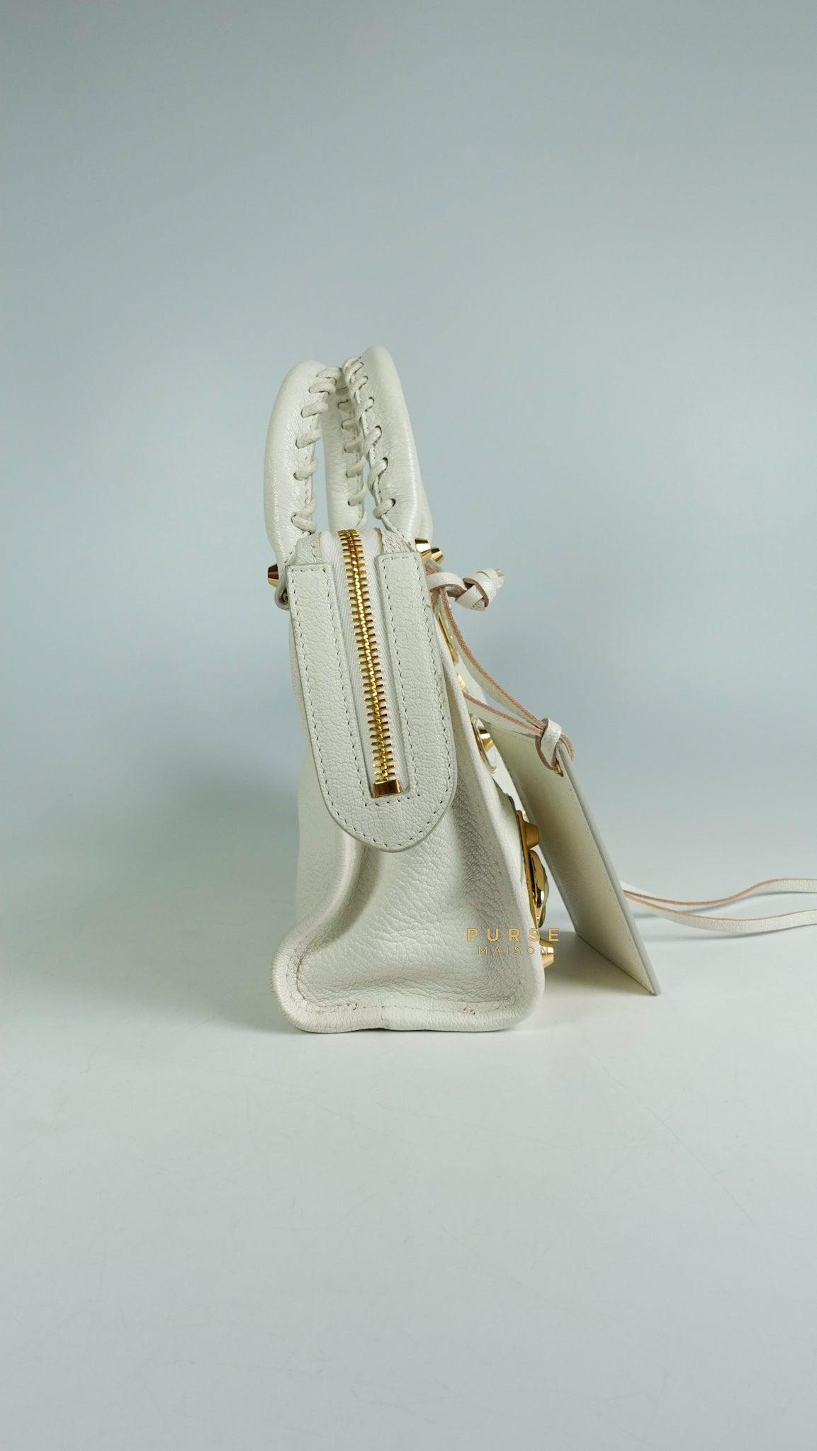 Balenciaga Mini Metallic Edge City Bag in White Goatskin and Gold Hardware