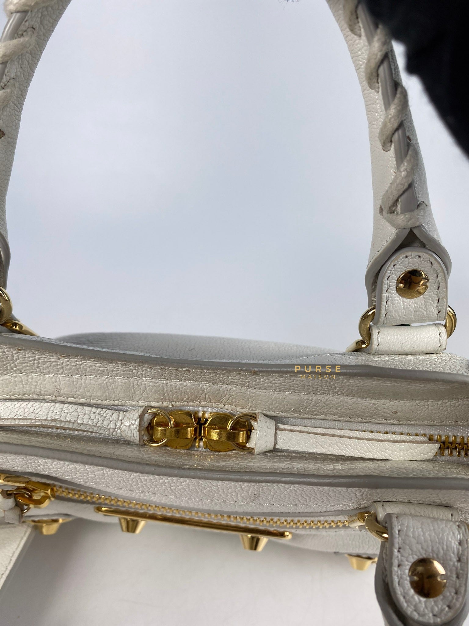 Balenciaga Mini Metallic Edge City Bag in White Goatskin and Gold Hardware