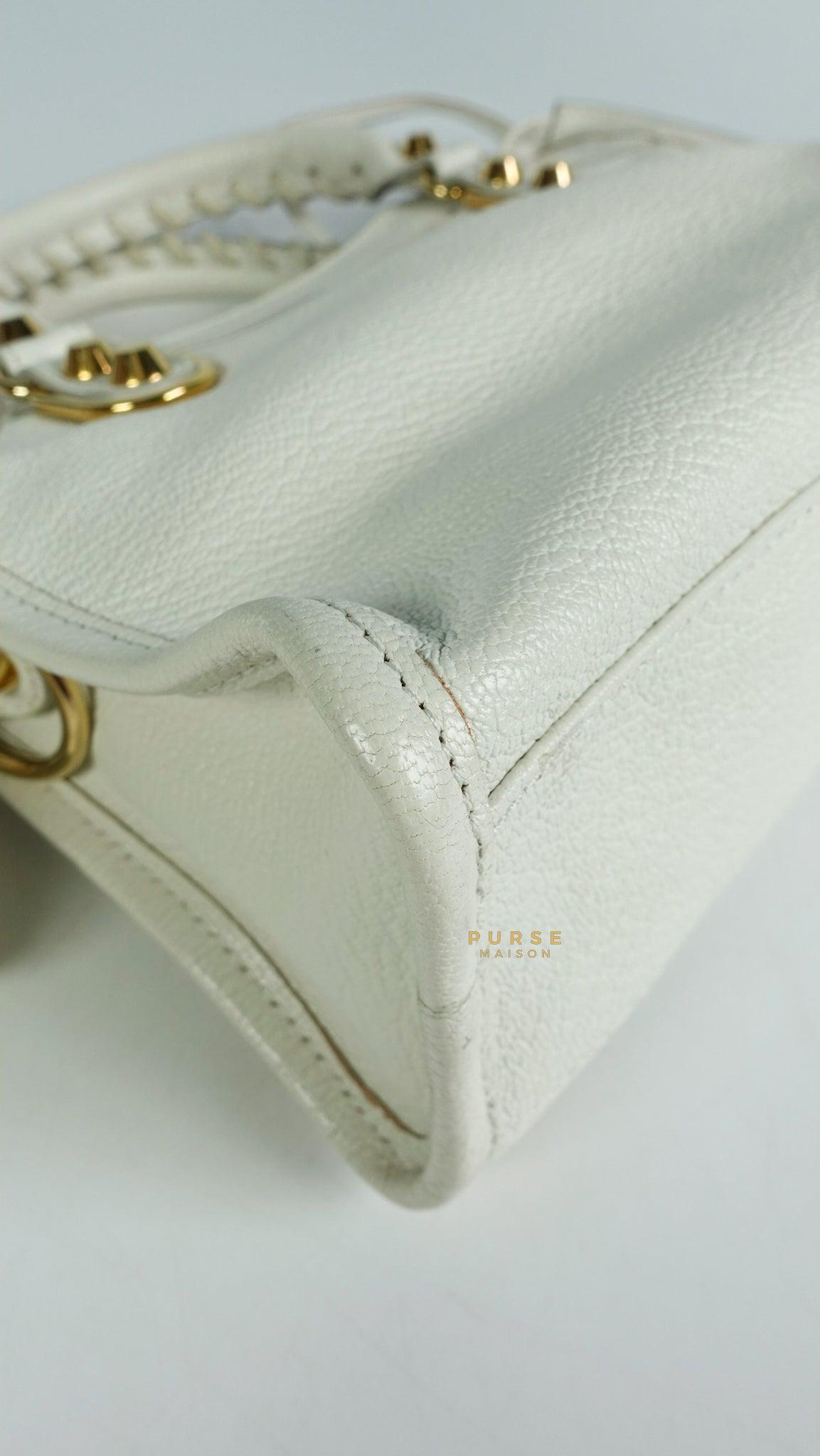 Balenciaga Mini Metallic Edge City Bag in White Goatskin and Gold Hardware