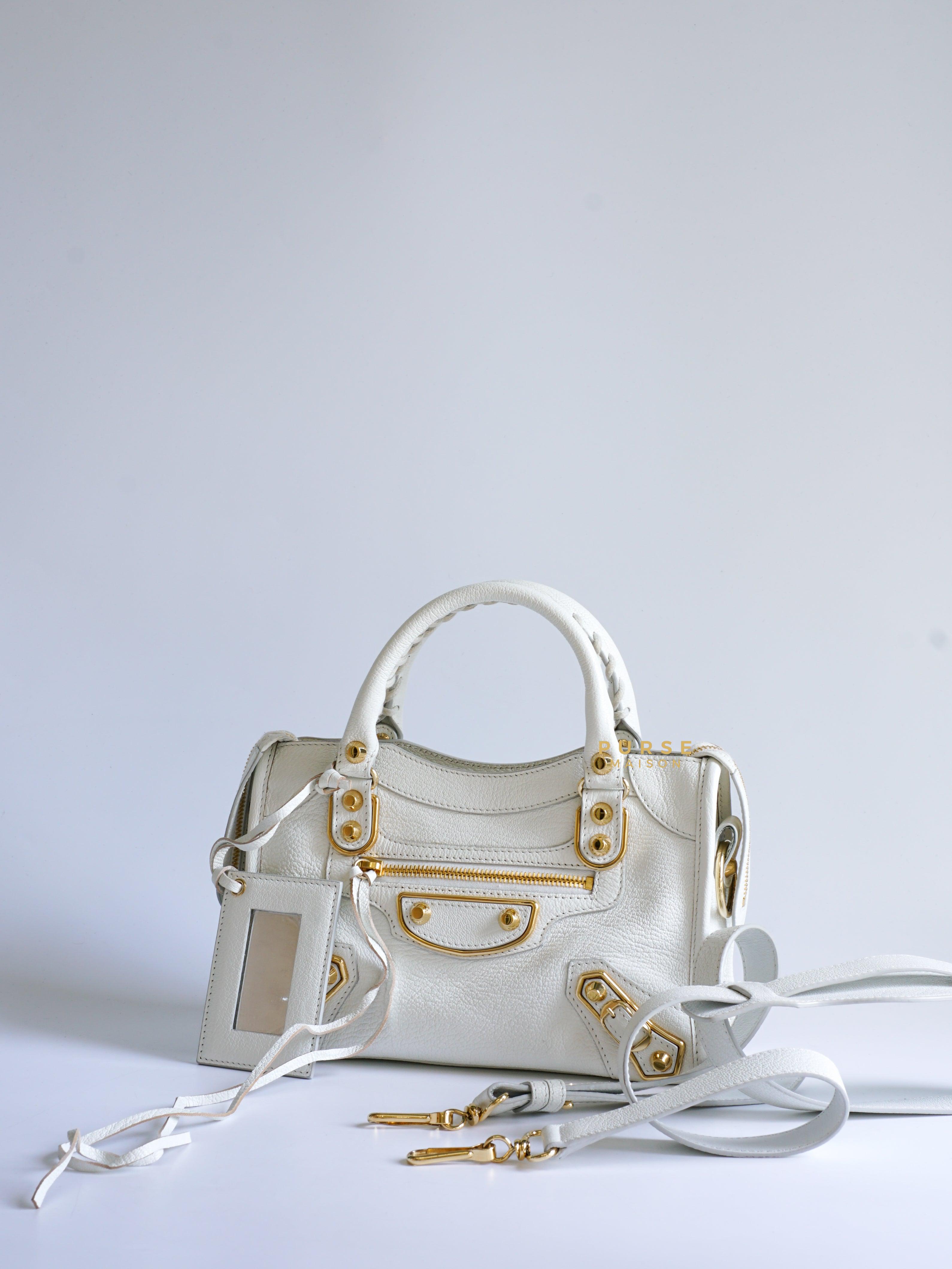 Balenciaga Mini Metallic Edge City Bag in White Goatskin and Gold Hardware