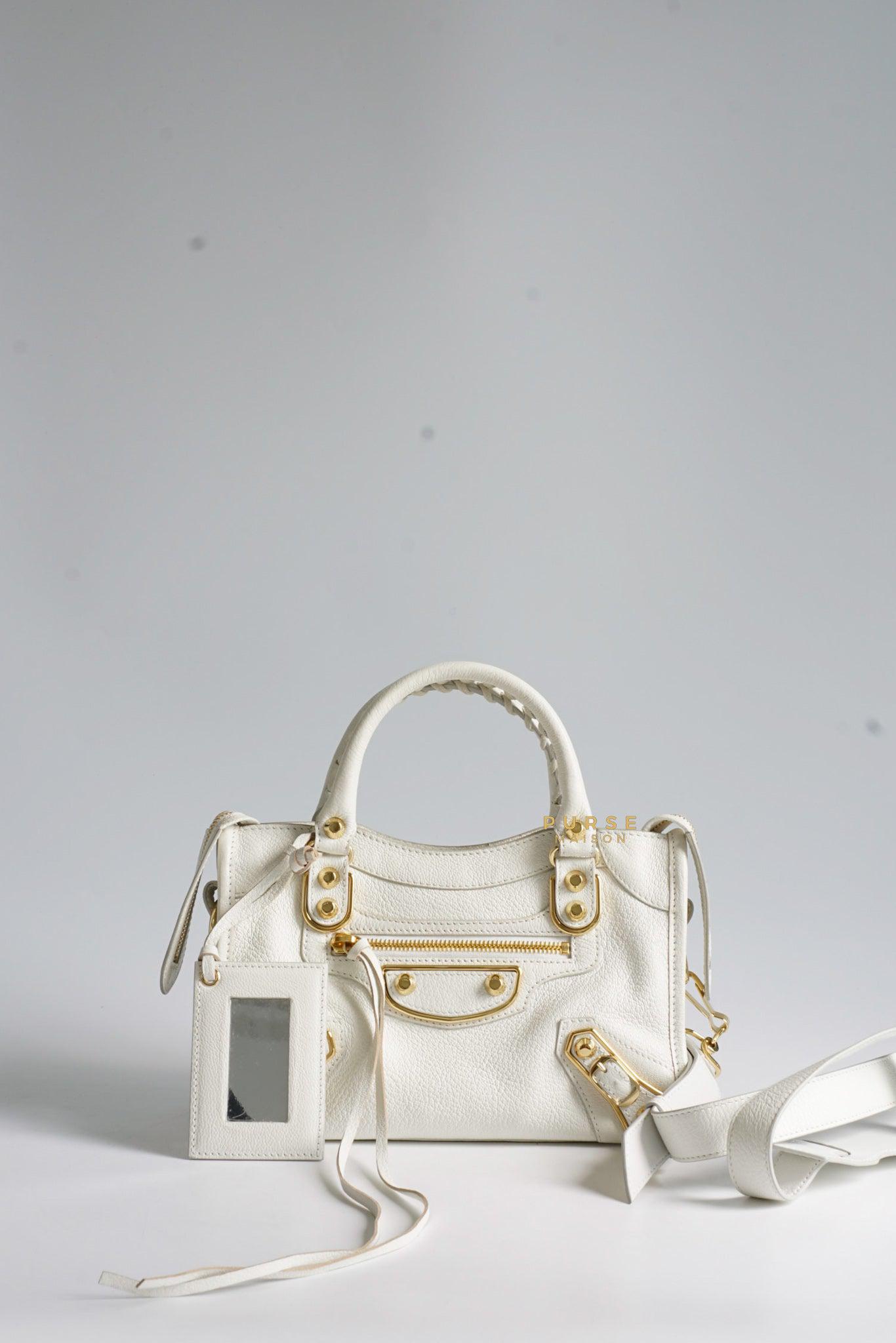 Balenciaga Mini Metallic Edge City Bag in White Goatskin and Gold Hardware