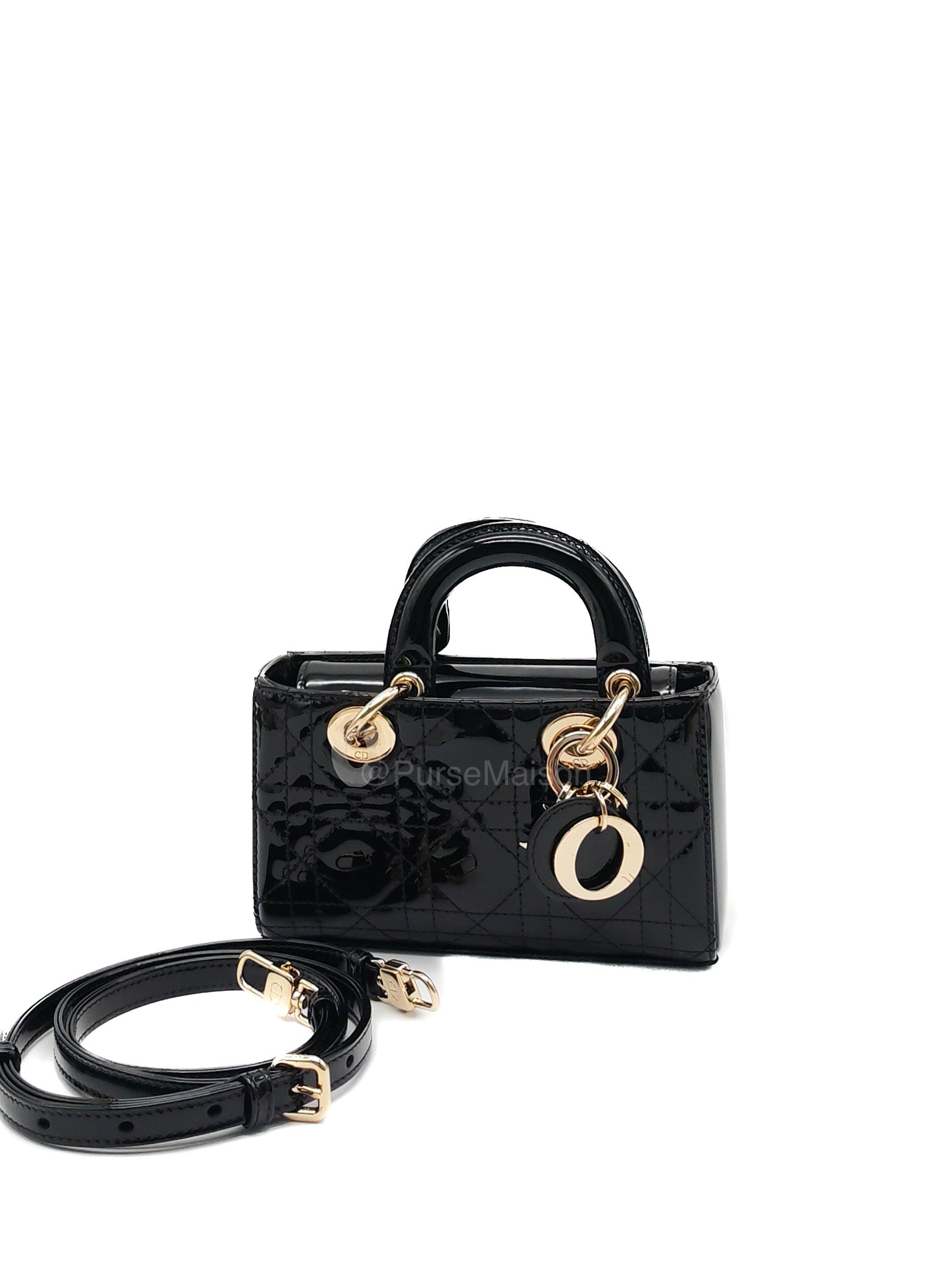 Christian Dior Lady D-Joy Micro in Black Patent Cannage Calfskin Leather and Light Gold Hardware