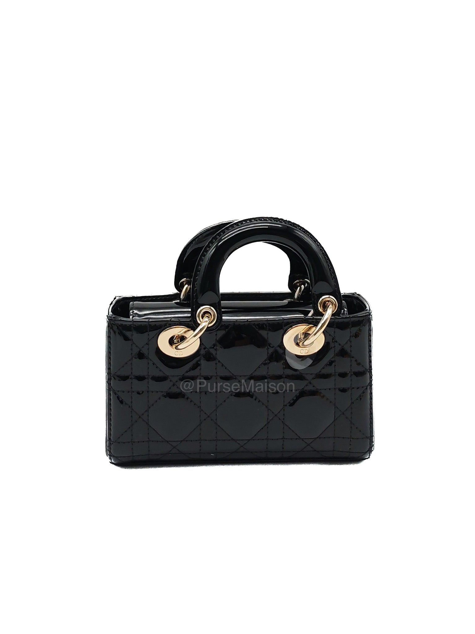 Christian Dior Lady D-Joy Micro in Black Patent Cannage Calfskin Leather and Light Gold Hardware