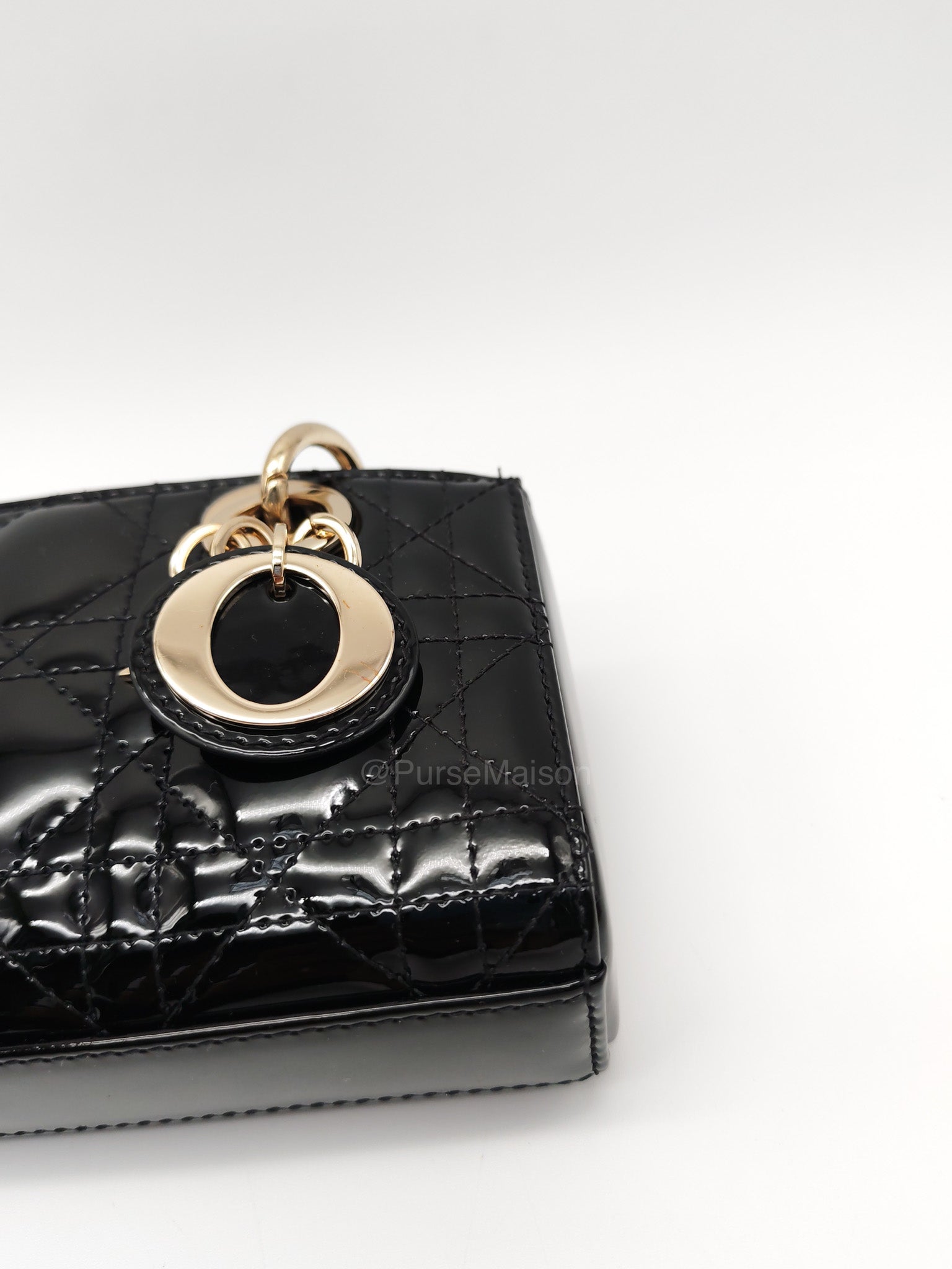 Christian Dior Lady D-Joy Micro in Black Patent Cannage Calfskin Leather and Light Gold Hardware
