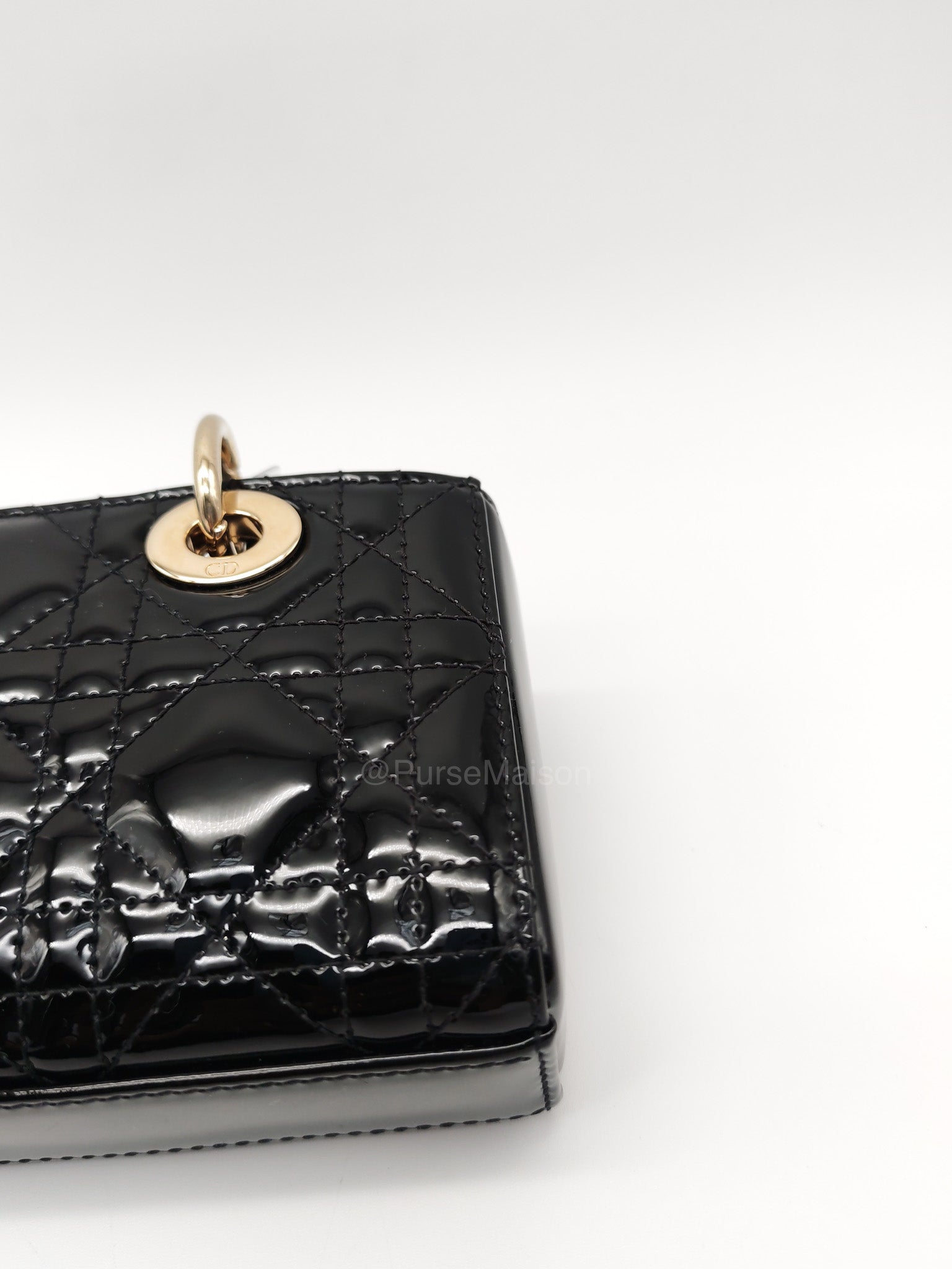 Christian Dior Lady D-Joy Micro in Black Patent Cannage Calfskin Leather and Light Gold Hardware