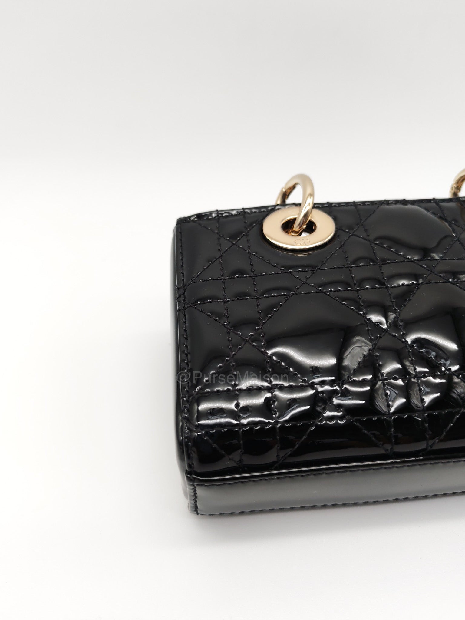 Christian Dior Lady D-Joy Micro in Black Patent Cannage Calfskin Leather and Light Gold Hardware