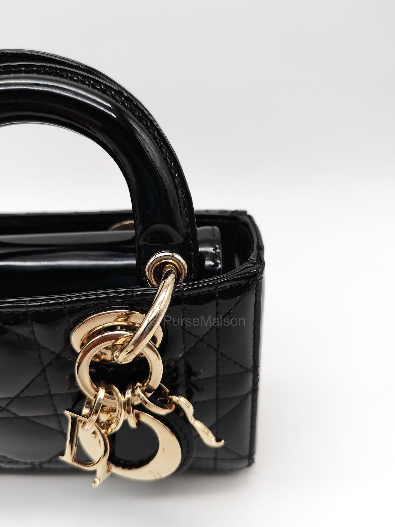 Christian Dior Lady D-Joy Micro in Black Patent Cannage Calfskin Leather and Light Gold Hardware