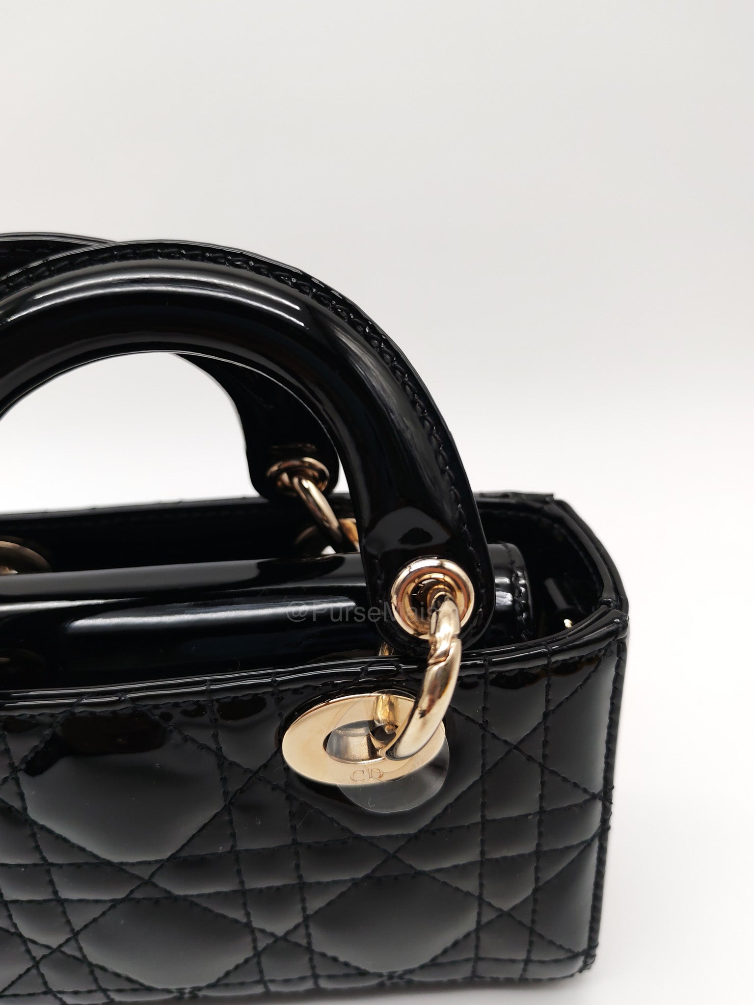 Christian Dior Lady D-Joy Micro in Black Patent Cannage Calfskin Leather and Light Gold Hardware