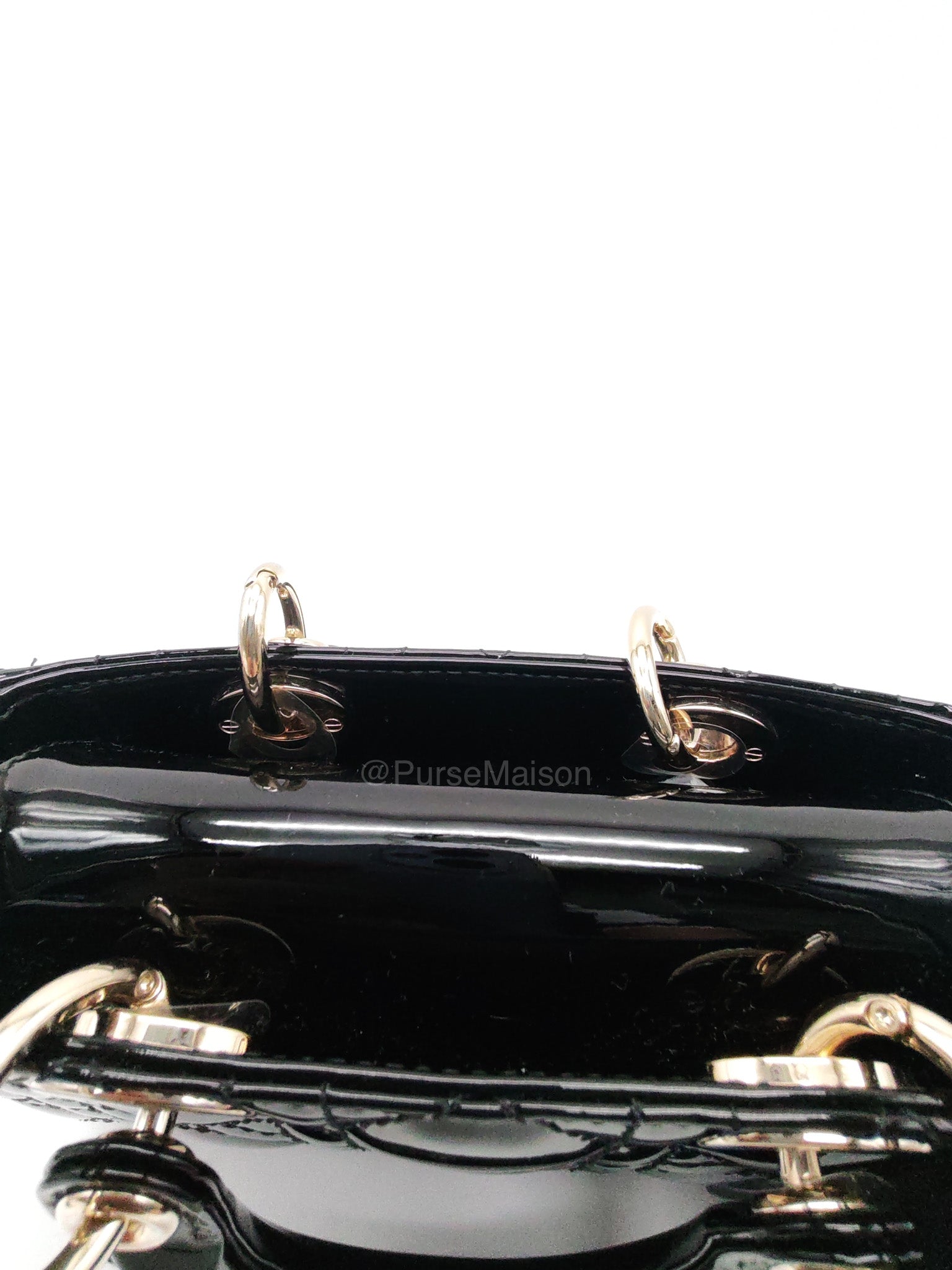 Christian Dior Lady D-Joy Micro in Black Patent Cannage Calfskin Leather and Light Gold Hardware